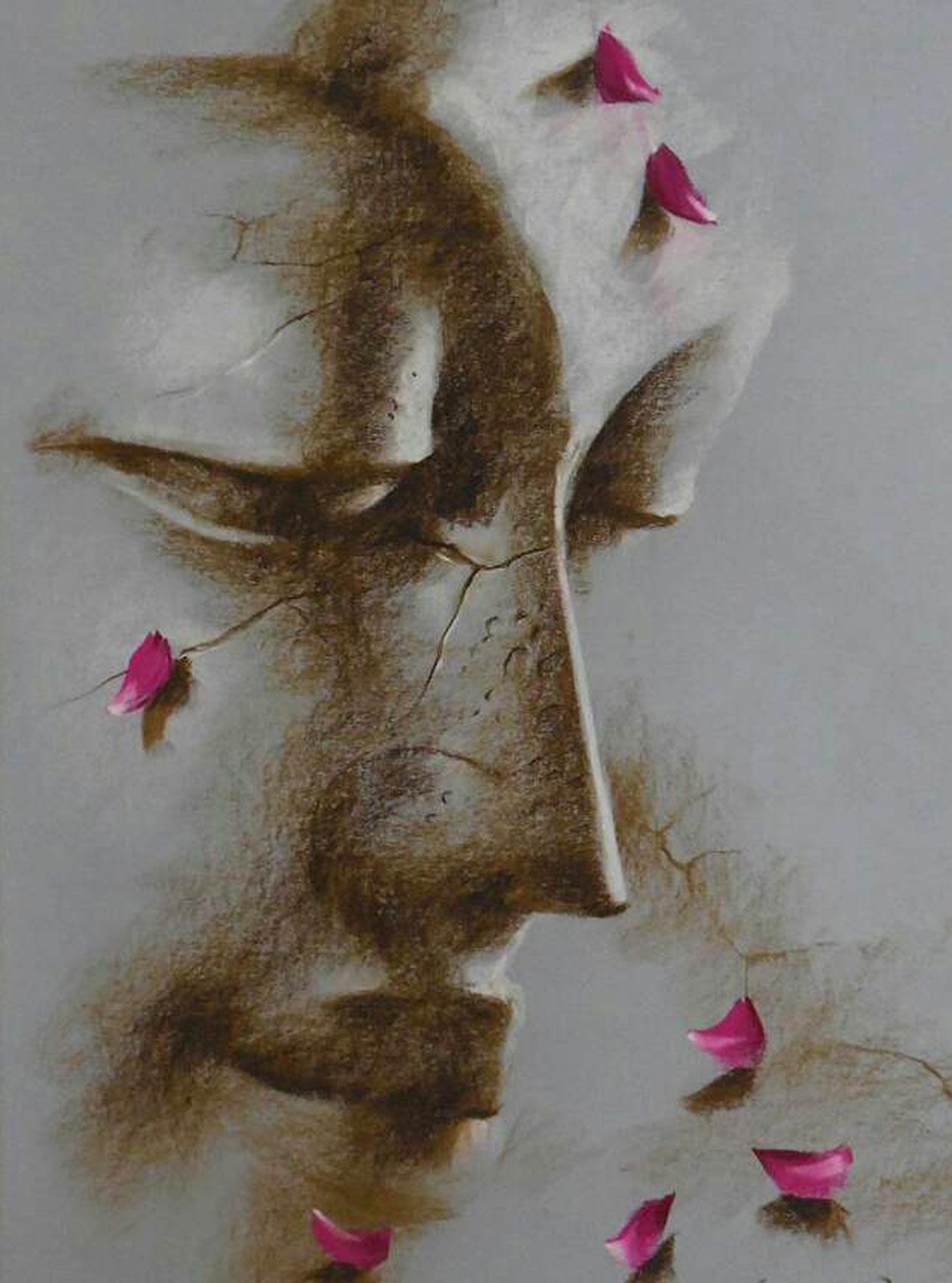 Yugpurush, Bouddha, technique mixte sur papier, marron rouge de l'artiste indien « En stock » - Gris Figurative Painting par Sanatan Dinda