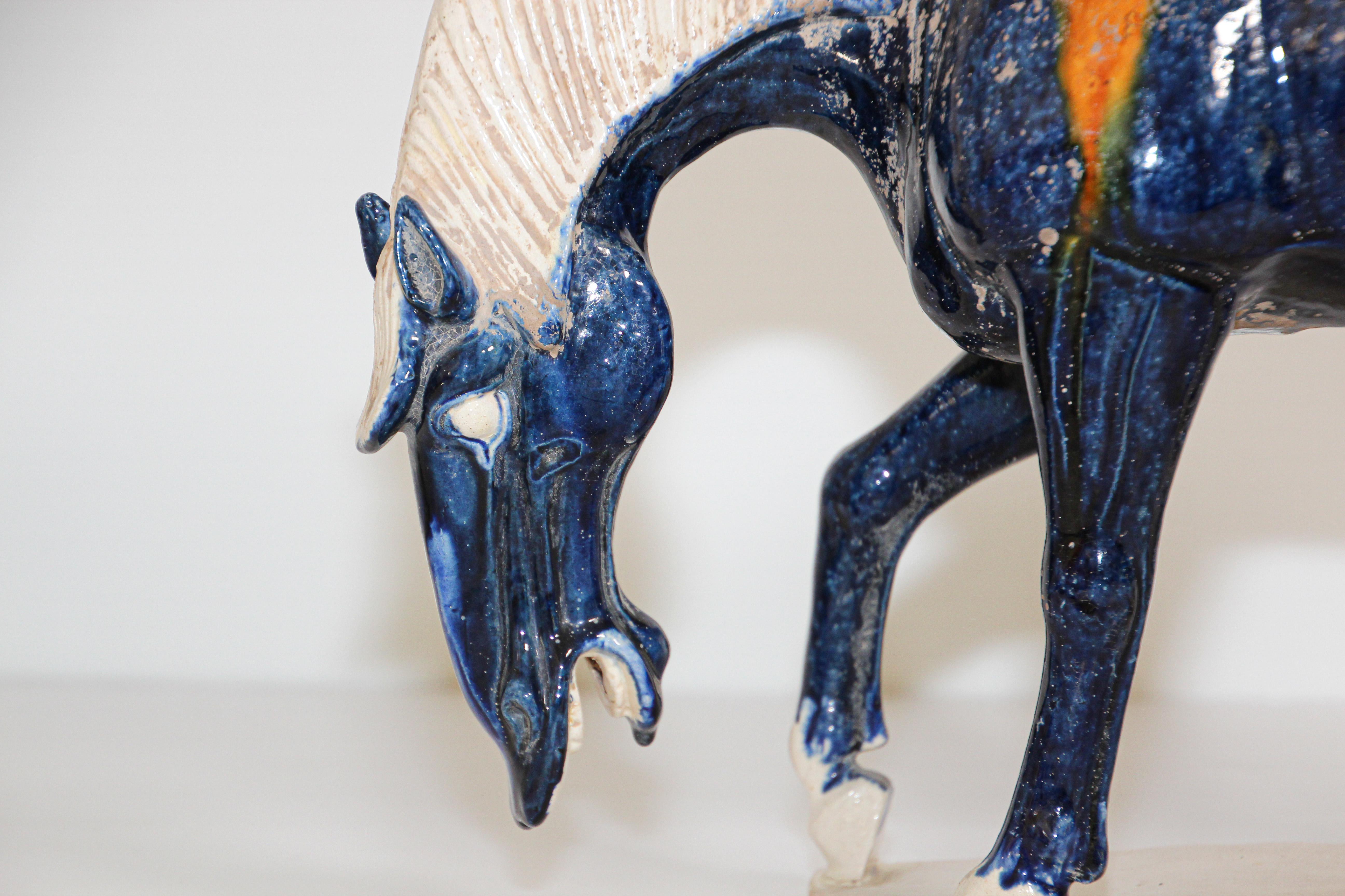 SanCai Glazed Blue Pottery Horse Statue Chinese Tang Dynasty Style In Good Condition In North Hollywood, CA