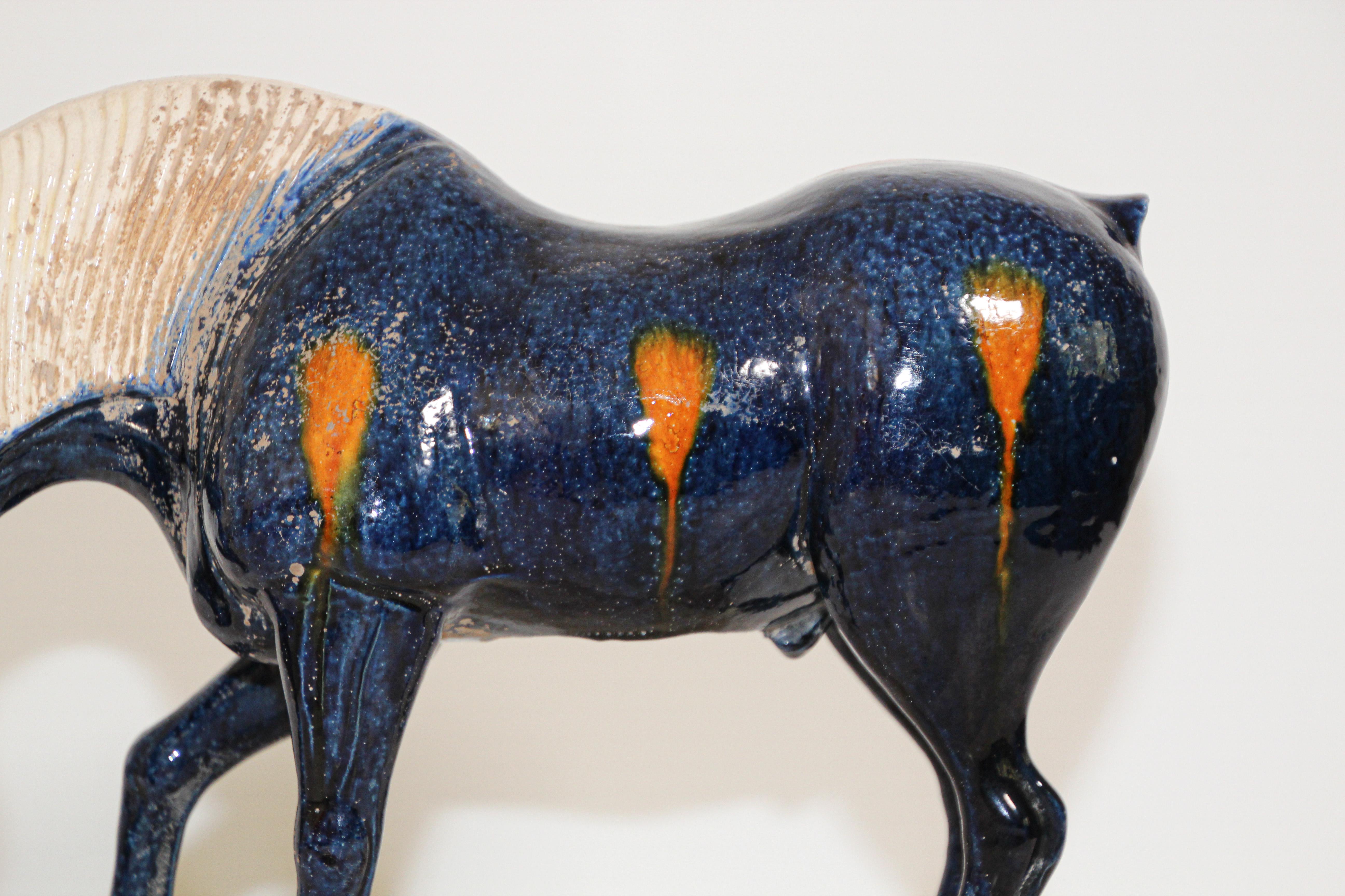 SanCai Glazed Blue Pottery Horse Statue Chinese Tang Dynasty Style 1