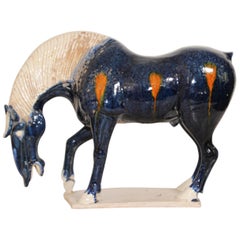 Vintage SanCai Glazed Blue Pottery Horse Statue Chinese Tang Dynasty Style