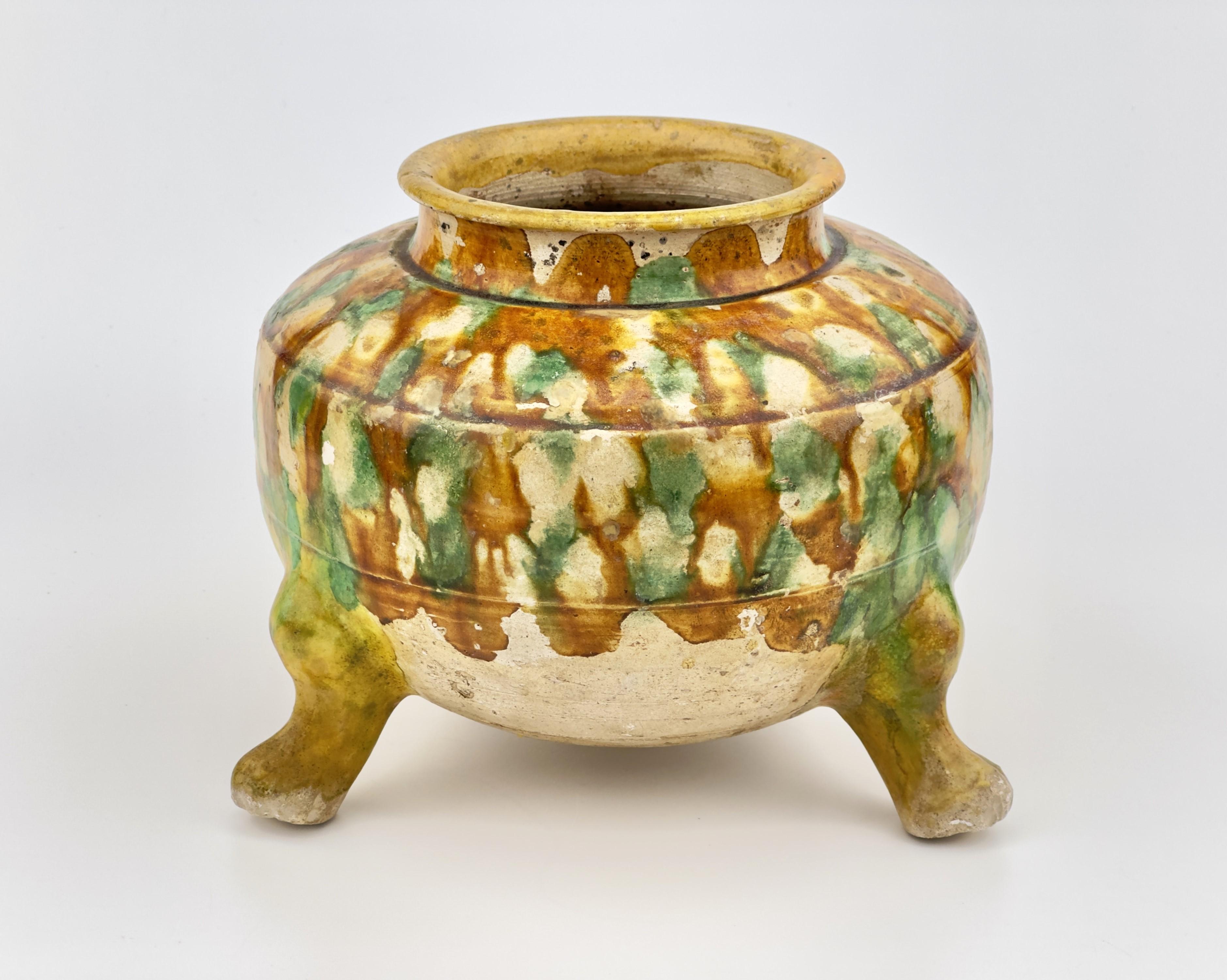 Earthenware Sancai-Glazed Pottery Tripod Jar, Tang Dynasty For Sale