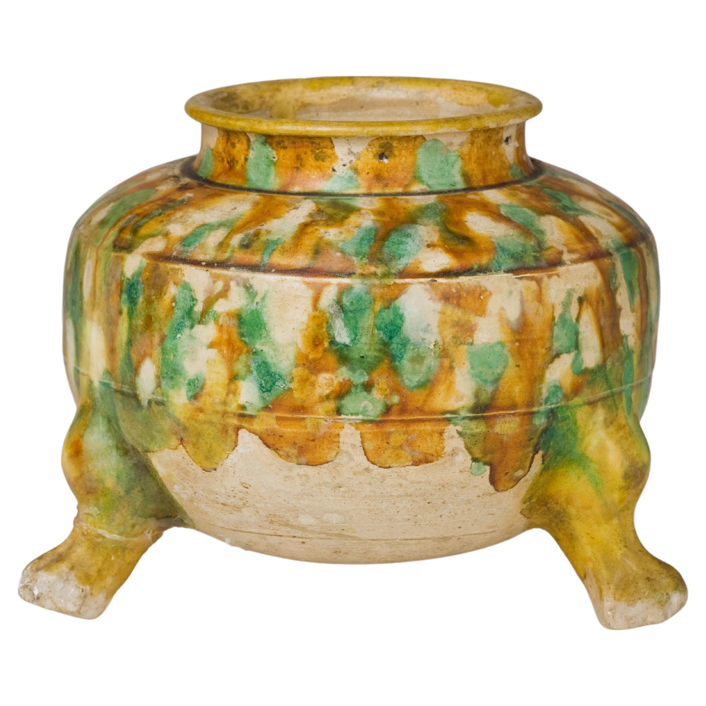 Sancai-Glazed Pottery Tripod Jar, Tang Dynasty For Sale