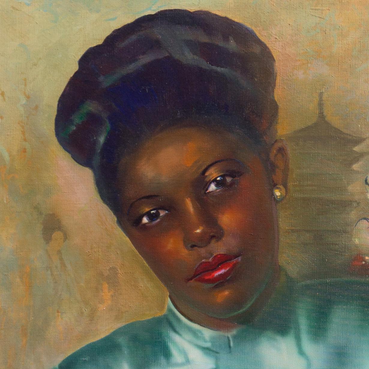 'Young Woman', Mid-Century Chinoiserie Portrait, Laughing Buddha, Tea Ceremony - Brown Portrait Painting by Sanchez Palacio