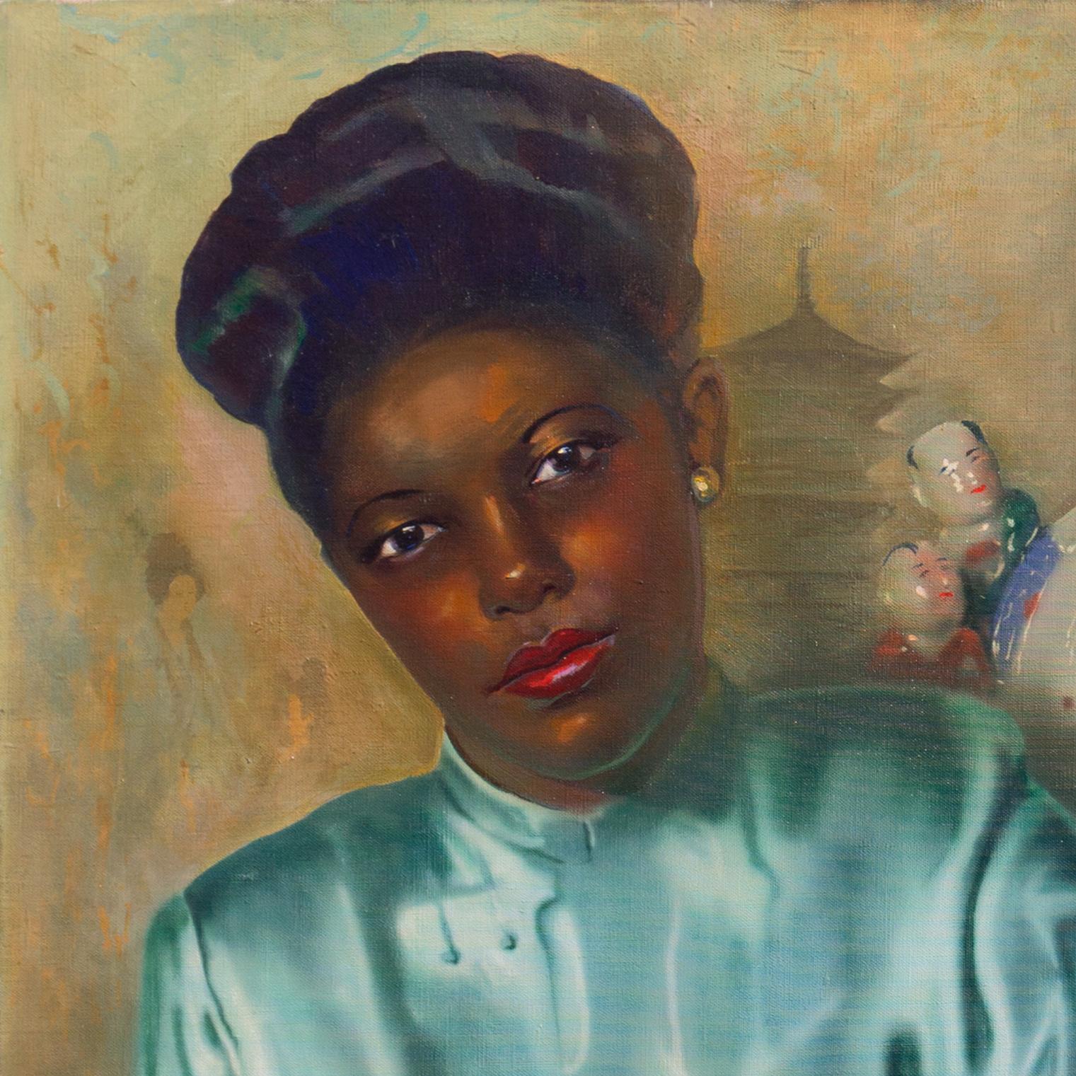 'Young Woman', Mid-Century Chinoiserie Portrait, Laughing Buddha, Tea Ceremony For Sale 2
