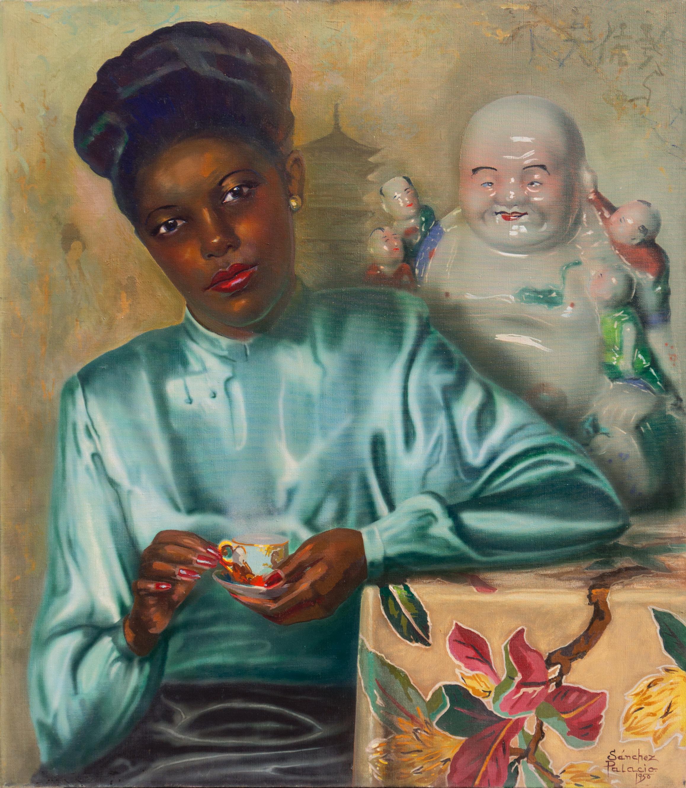 Sanchez Palacio Portrait Painting - 'Young Woman', Mid-Century Chinoiserie Portrait, Laughing Buddha, Tea Ceremony