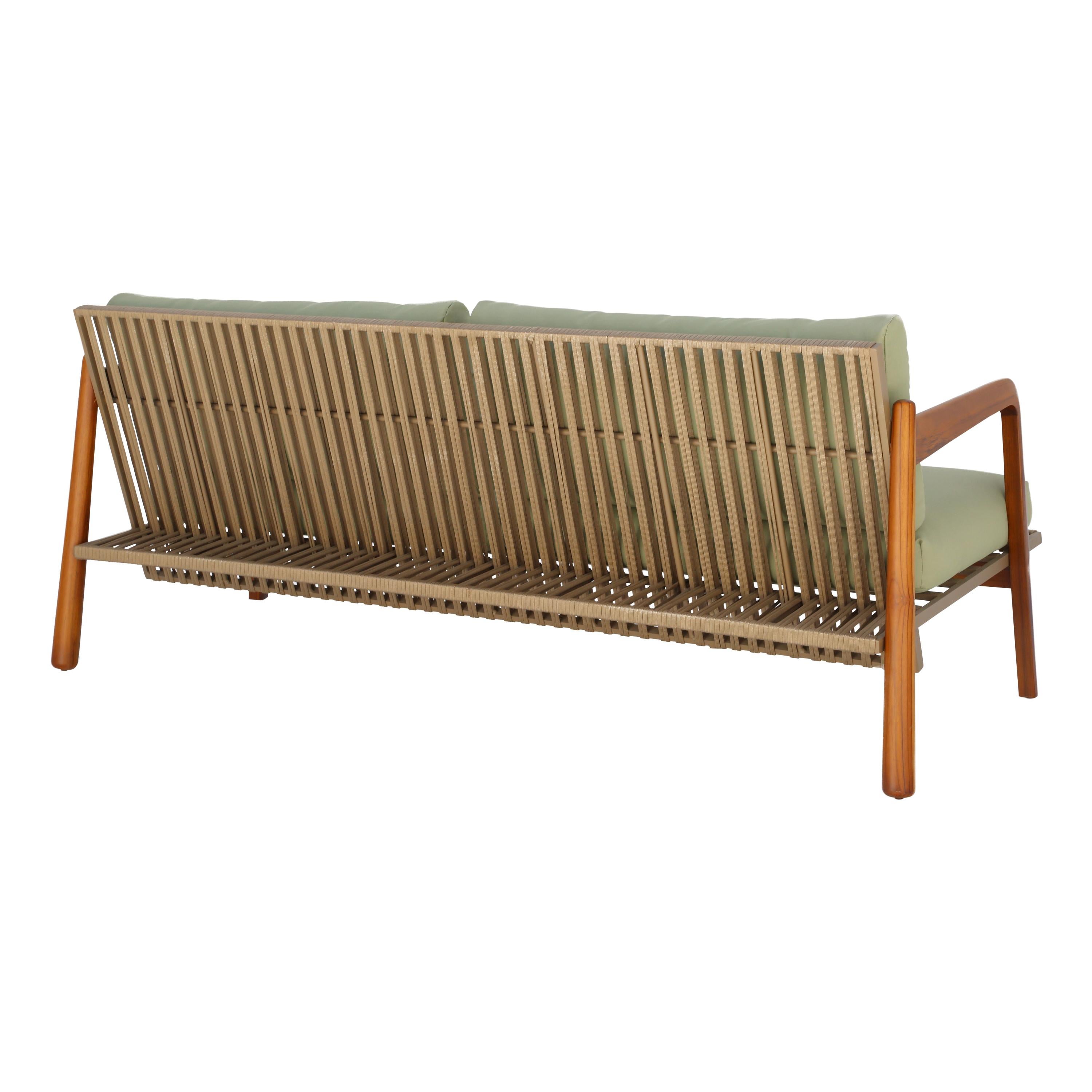 "Sancho" Outdoor Couch in Natural Teak Wood Aluminum and Naval Rope by Hand