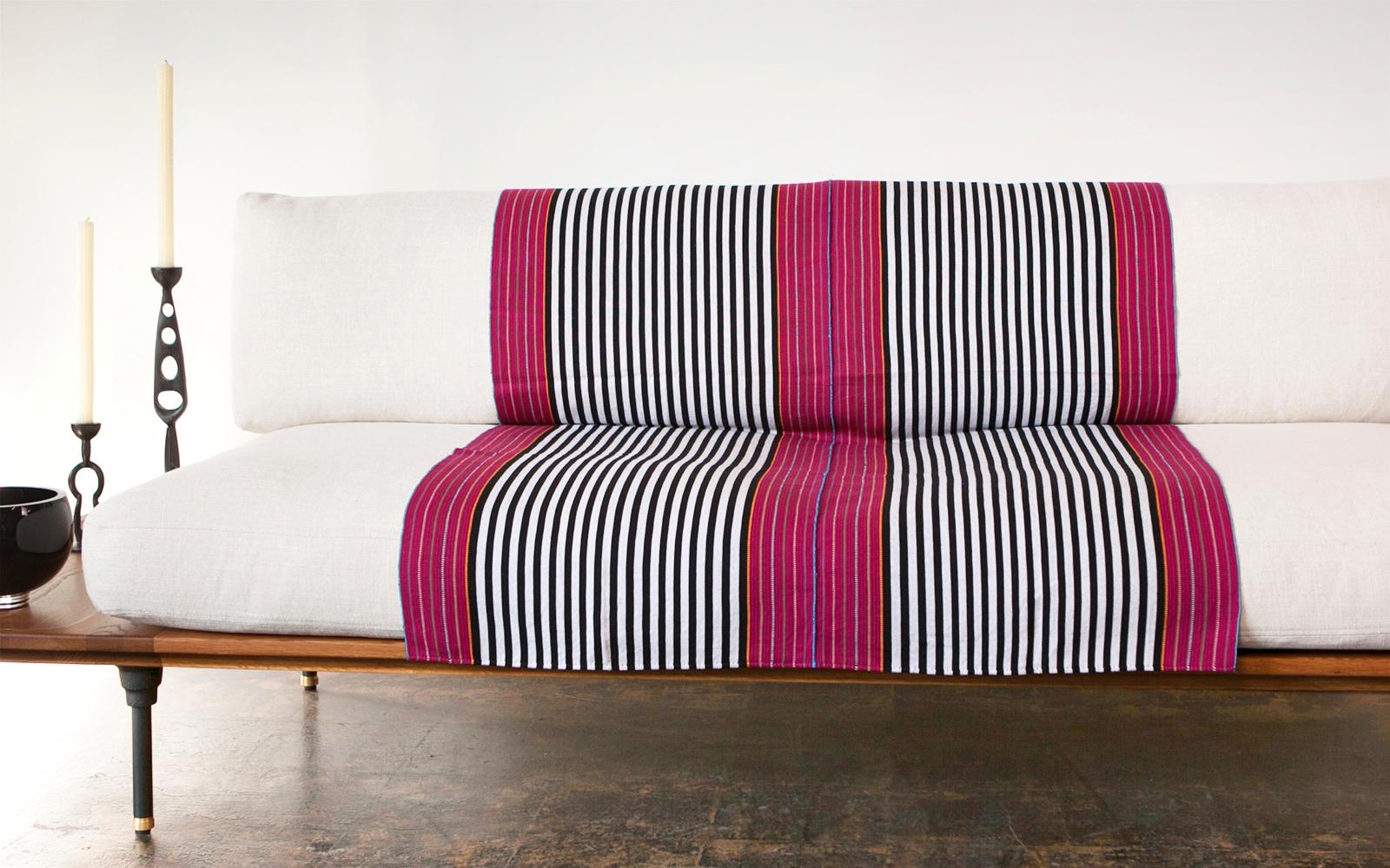 Contemporary Sancri Cotton Throw - Handmade Mexican Black, White and Magenta Extended Blanket For Sale