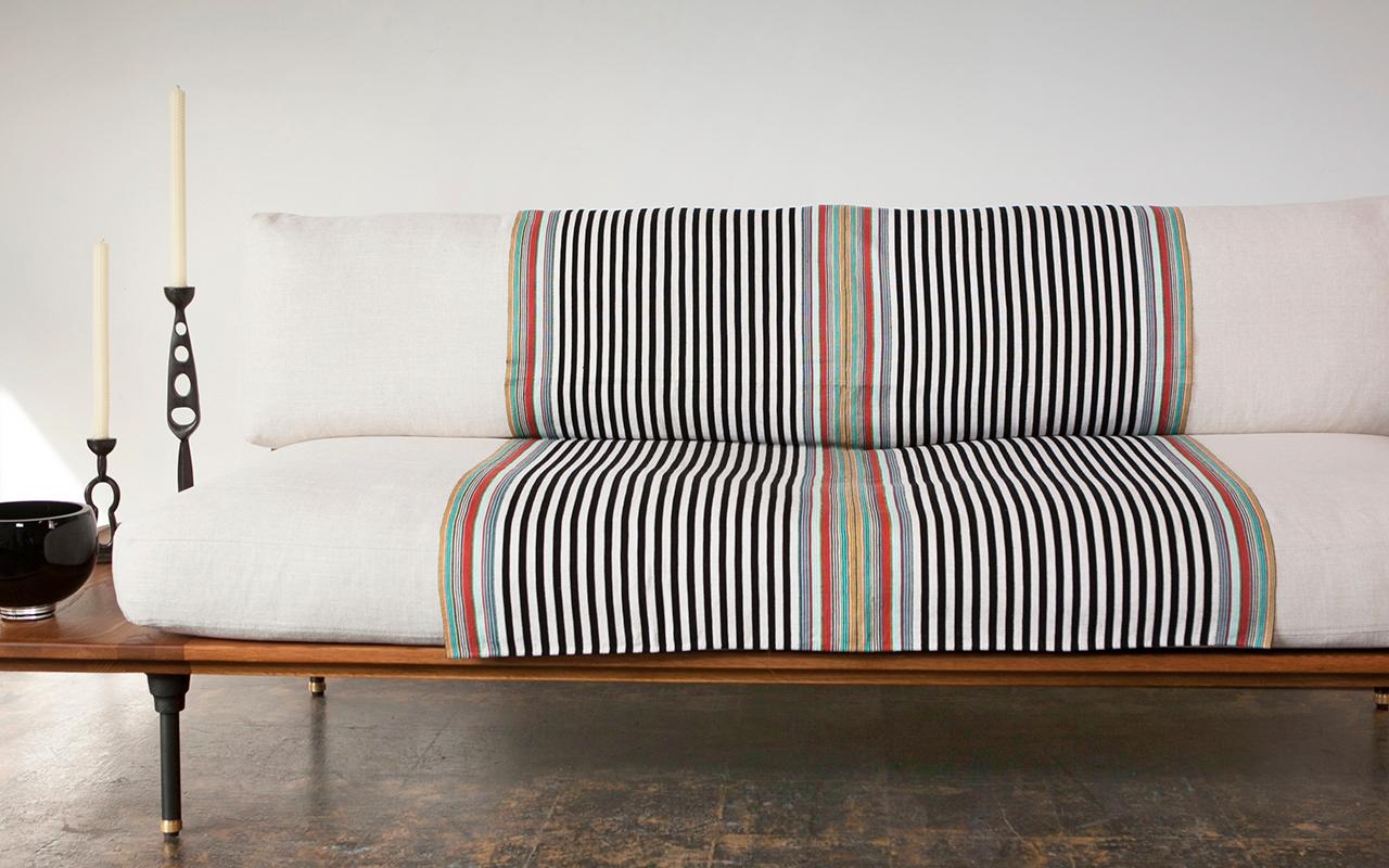 Sancri Cotton Throw - Handmade Mexican Black White Green Red Striped Blanket In New Condition For Sale In West Hollywood, CA