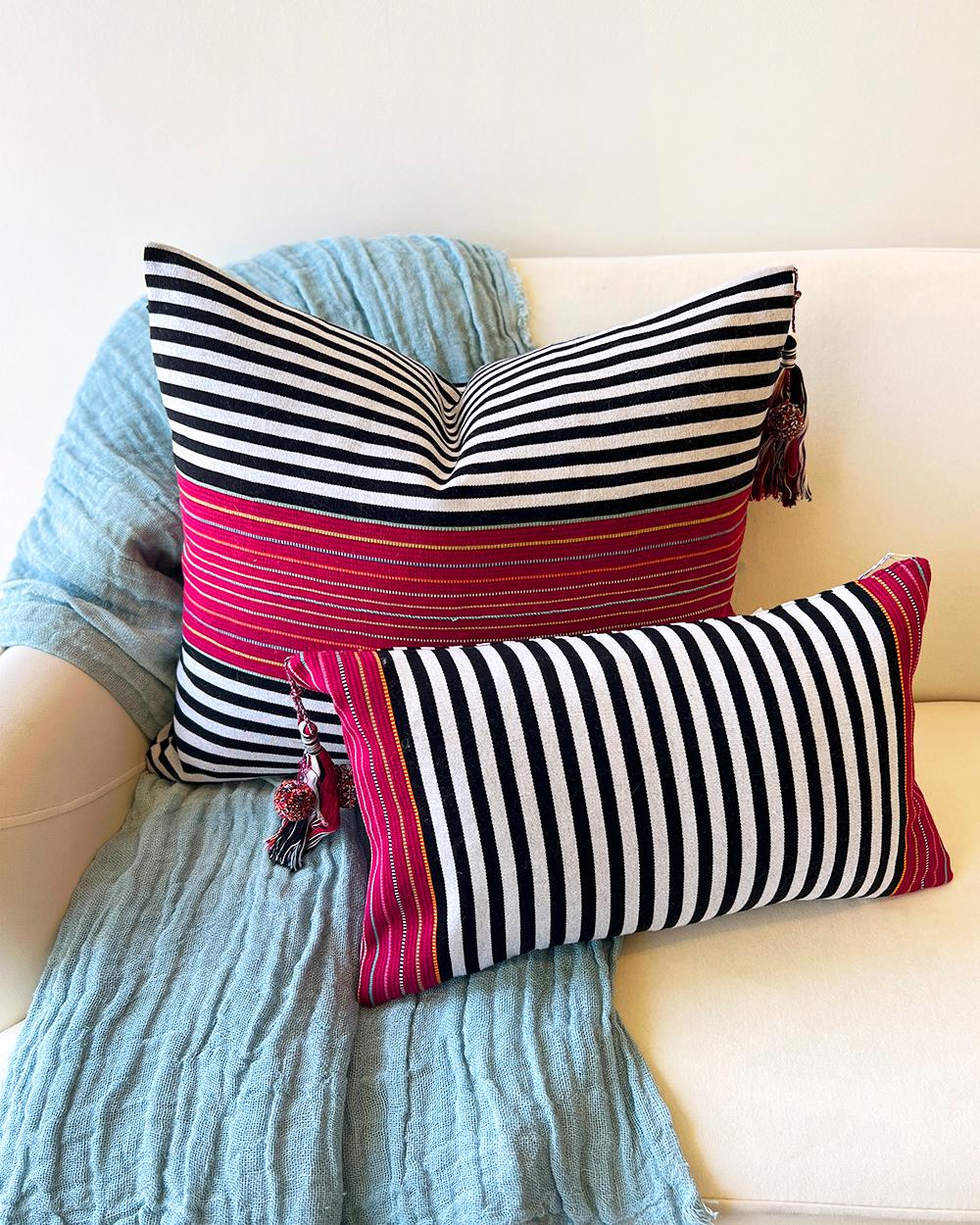 Folk Art SanCri Throw Pillow Black Stripe with Magenta Handmade 100% Cotton with Tassel For Sale