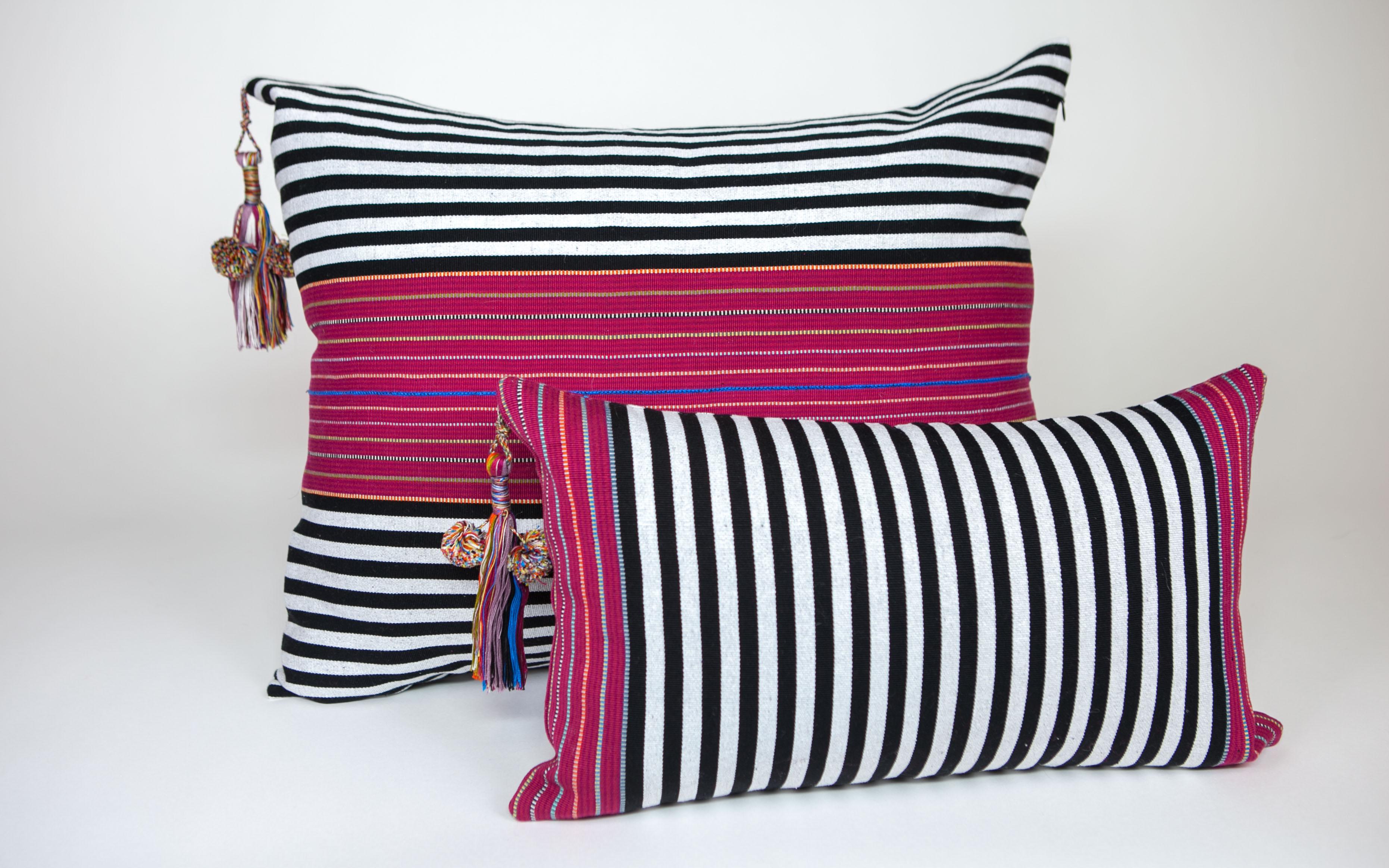 Contemporary SanCri Throw Pillow Black Stripe with Magenta Handmade 100% Cotton with Tassel For Sale