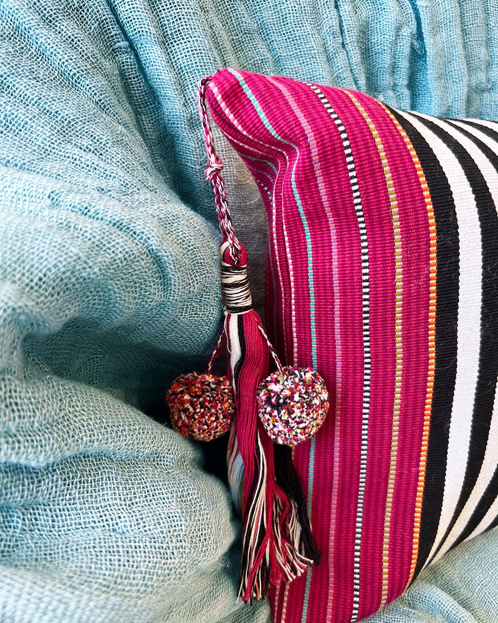 Hand-Woven Sancri Throw Pillow - Handwoven Mexican Cotton Black White and Magenta Cushion For Sale