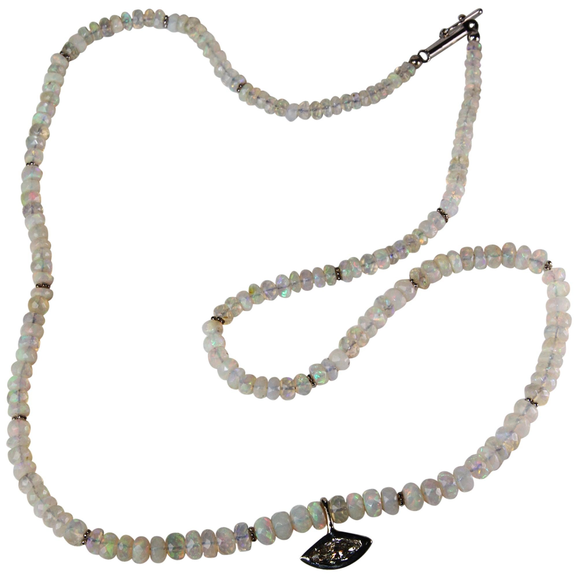 Sanct Desiderata Marquise Diamond Eye Opal Necklace in White Gold For Sale