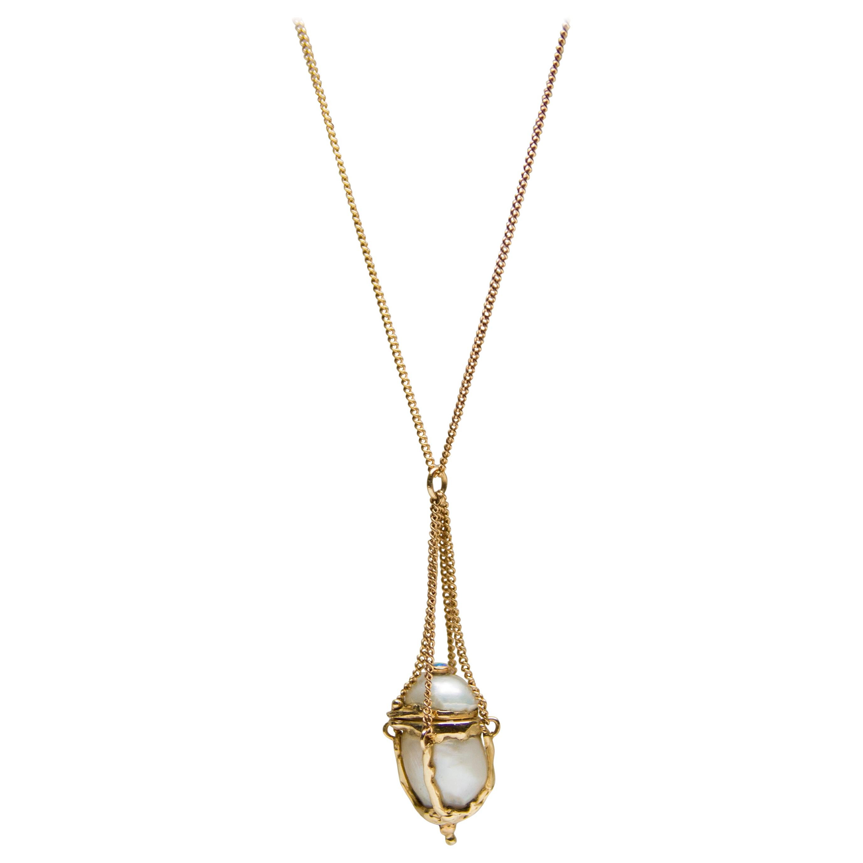 Sanct Desiderata Pearl Urn Necklace in 14 Karat Gold For Sale