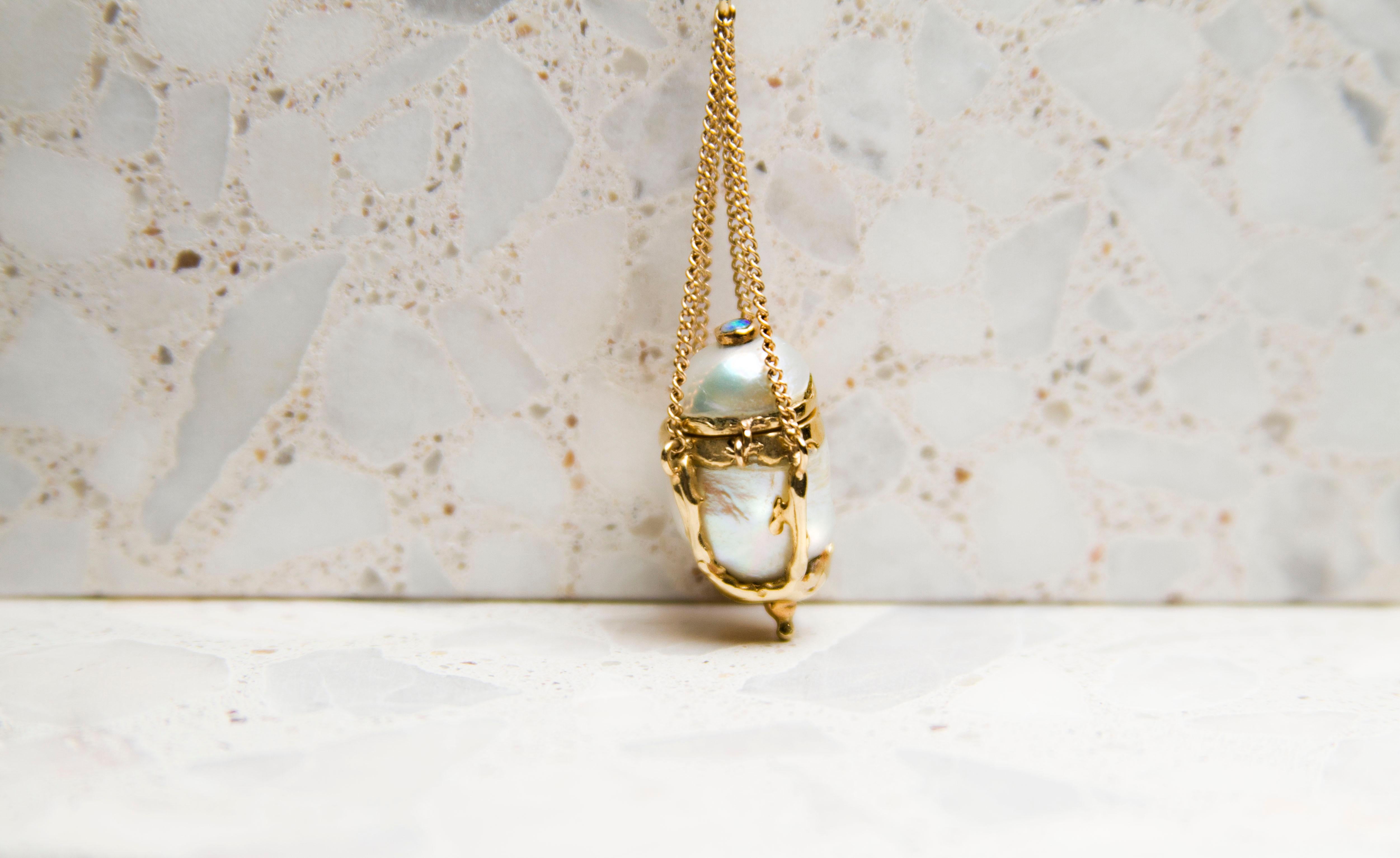 Contemporary Sanct Desiderata Pearl Urn Necklace in 14 Karat Gold For Sale