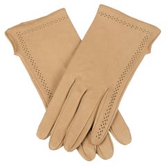 Vintage Sand Beige Smooth Kid Leather Gloves with Perforation Detailing, 1960s