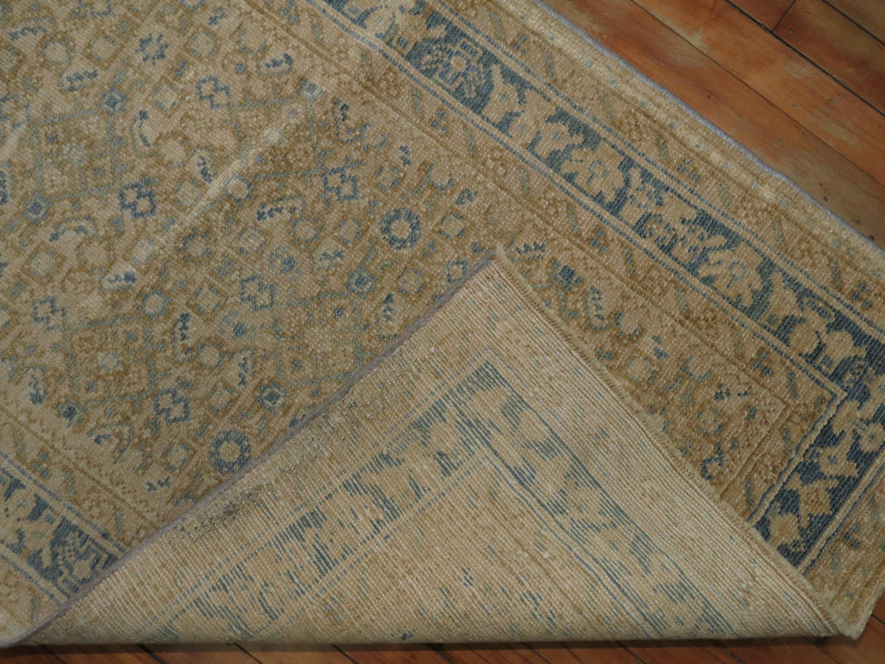 mid 20th century Persian narrow and long runner in sand blue tones. accents in green too

Measures: 2'9