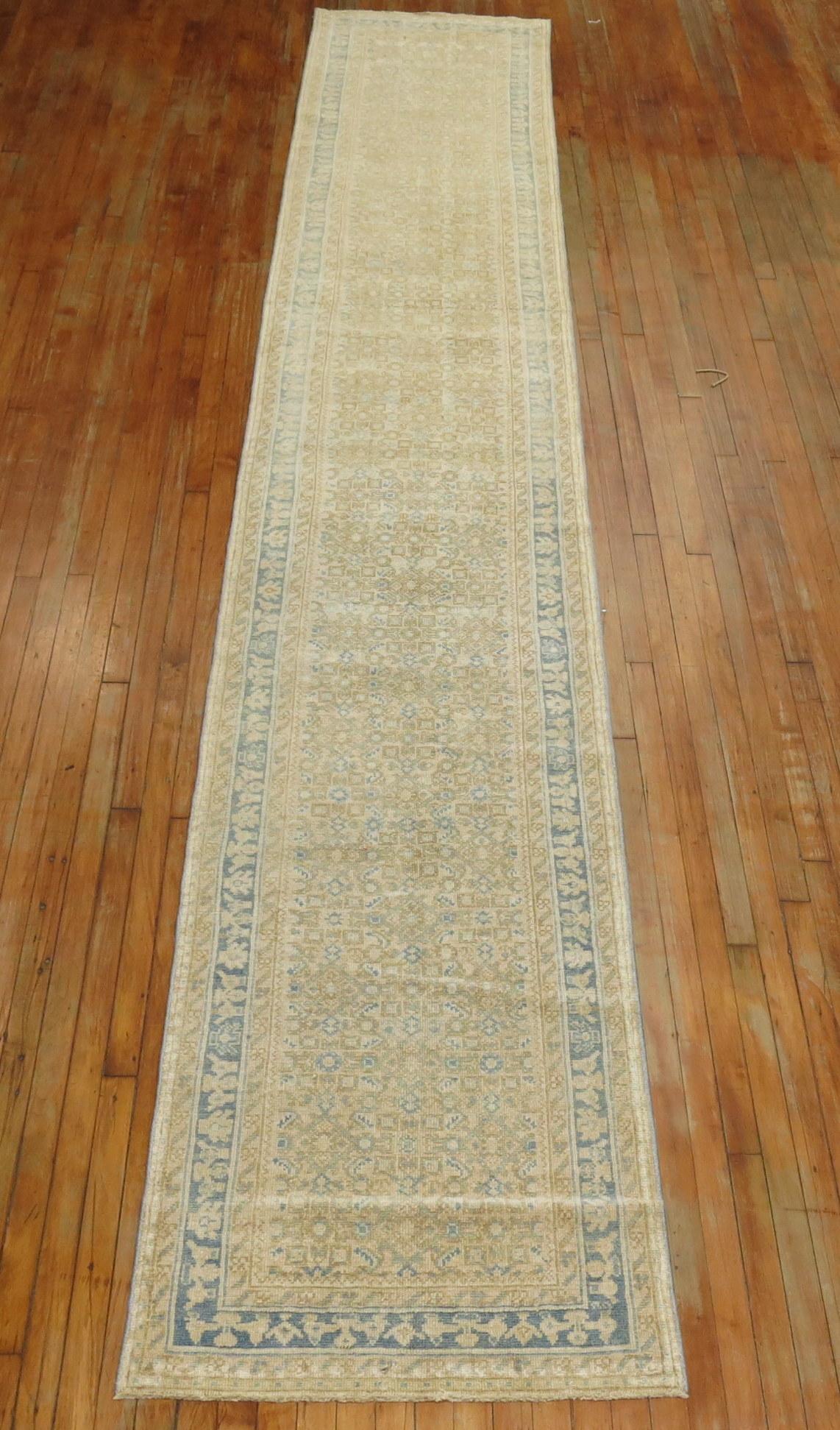 Hand-Knotted Sand Blue Color Geometric Persian Runner