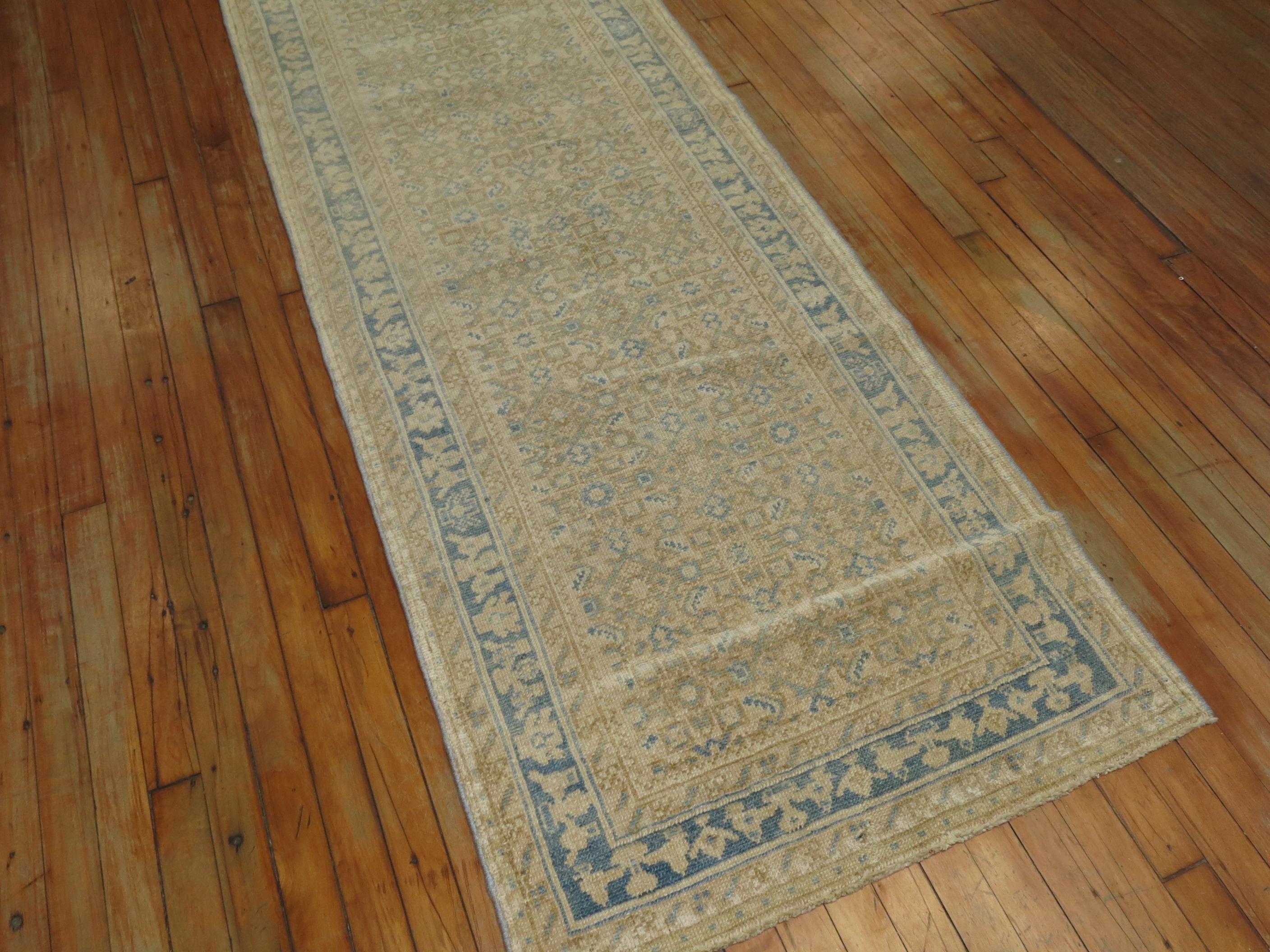 Sand Blue Color Geometric Persian Runner In Good Condition In New York, NY
