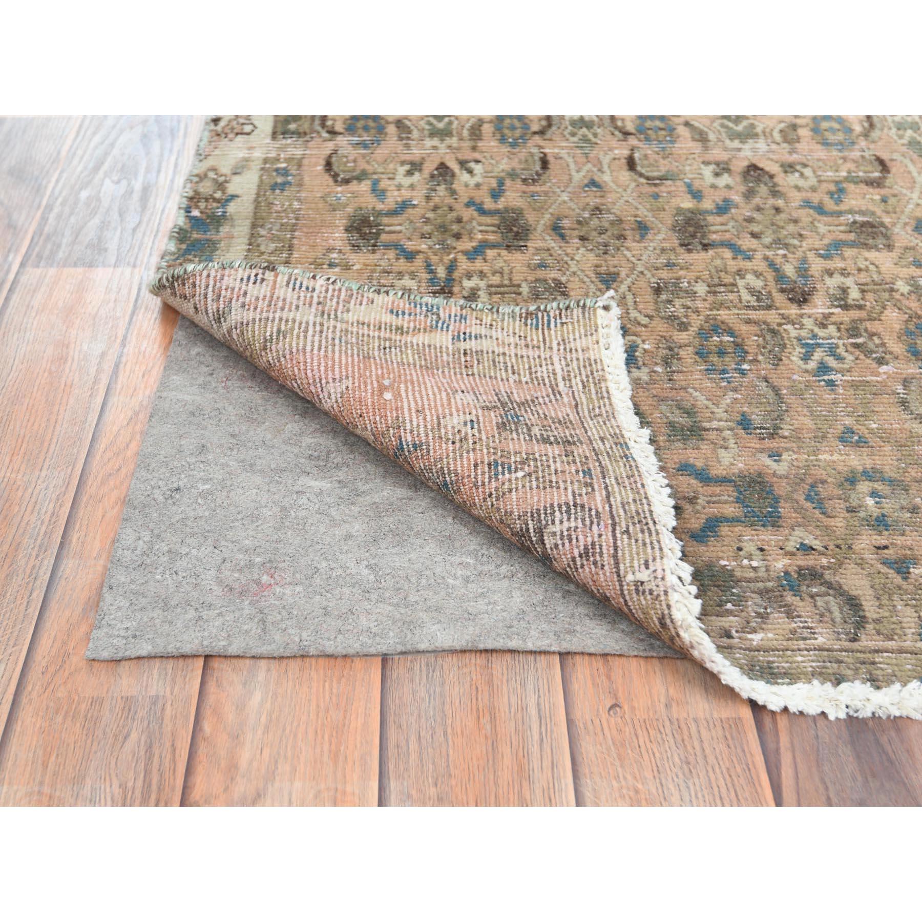 Medieval Sand Brown Vintage Persian Hamadan with Abrash Worn Wool Hand Knotted Runner Rug