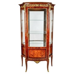 Early 20th Century French Sand Burl Wood Mirrored Hutch Cabinet Display Vitrine