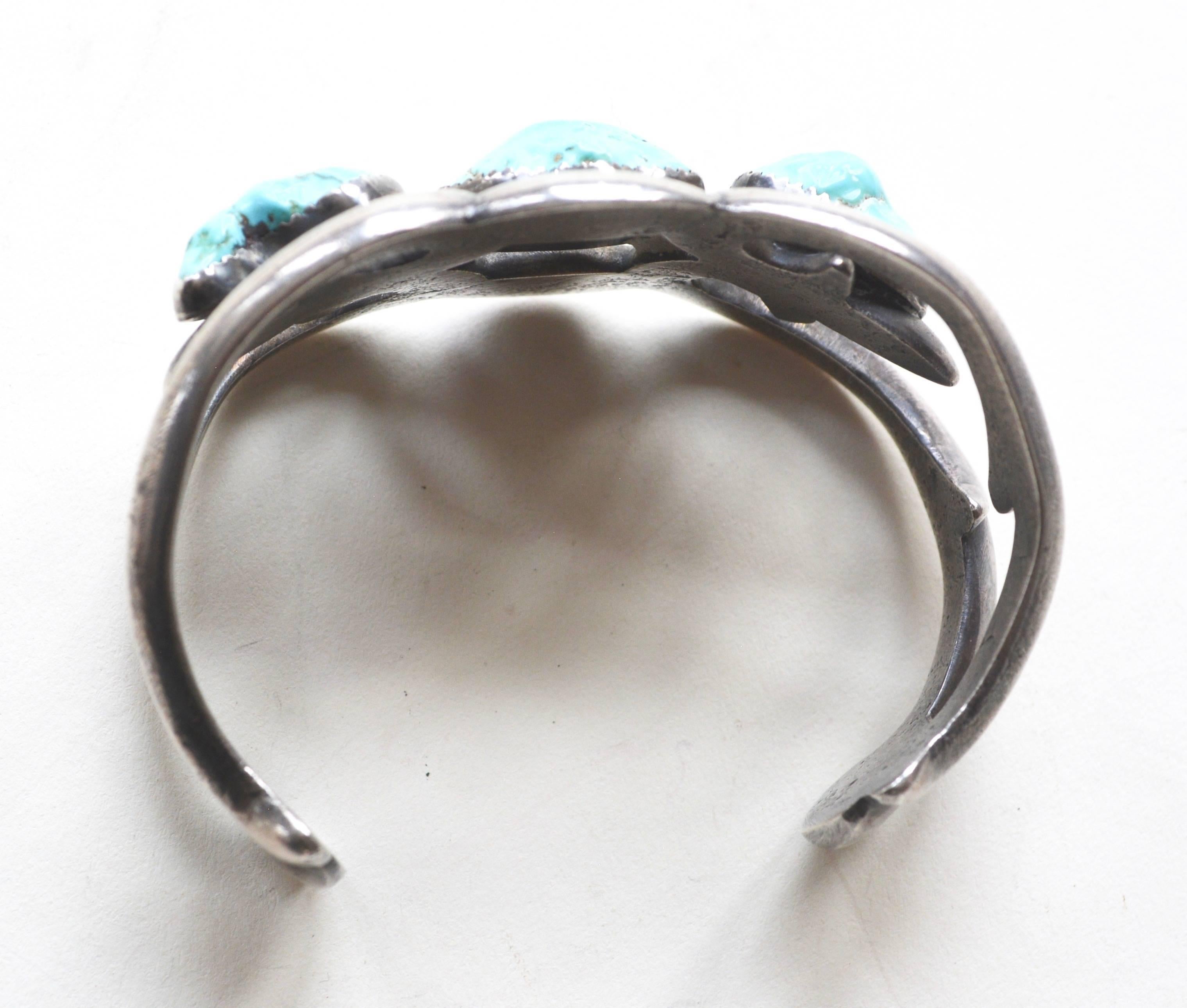 Old silver Navajo sand cast and turquoise cuff. Beautifully made. Unsigned. Circa 1940s-60s.  About 6.6 circumference with about a 1.45