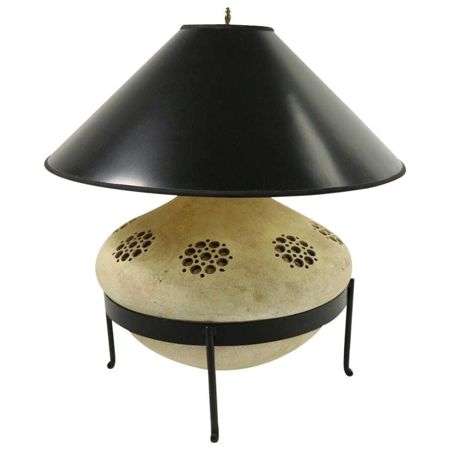 Sand Color Ceramic Table Lamp in Wrought Iron Stand For Sale