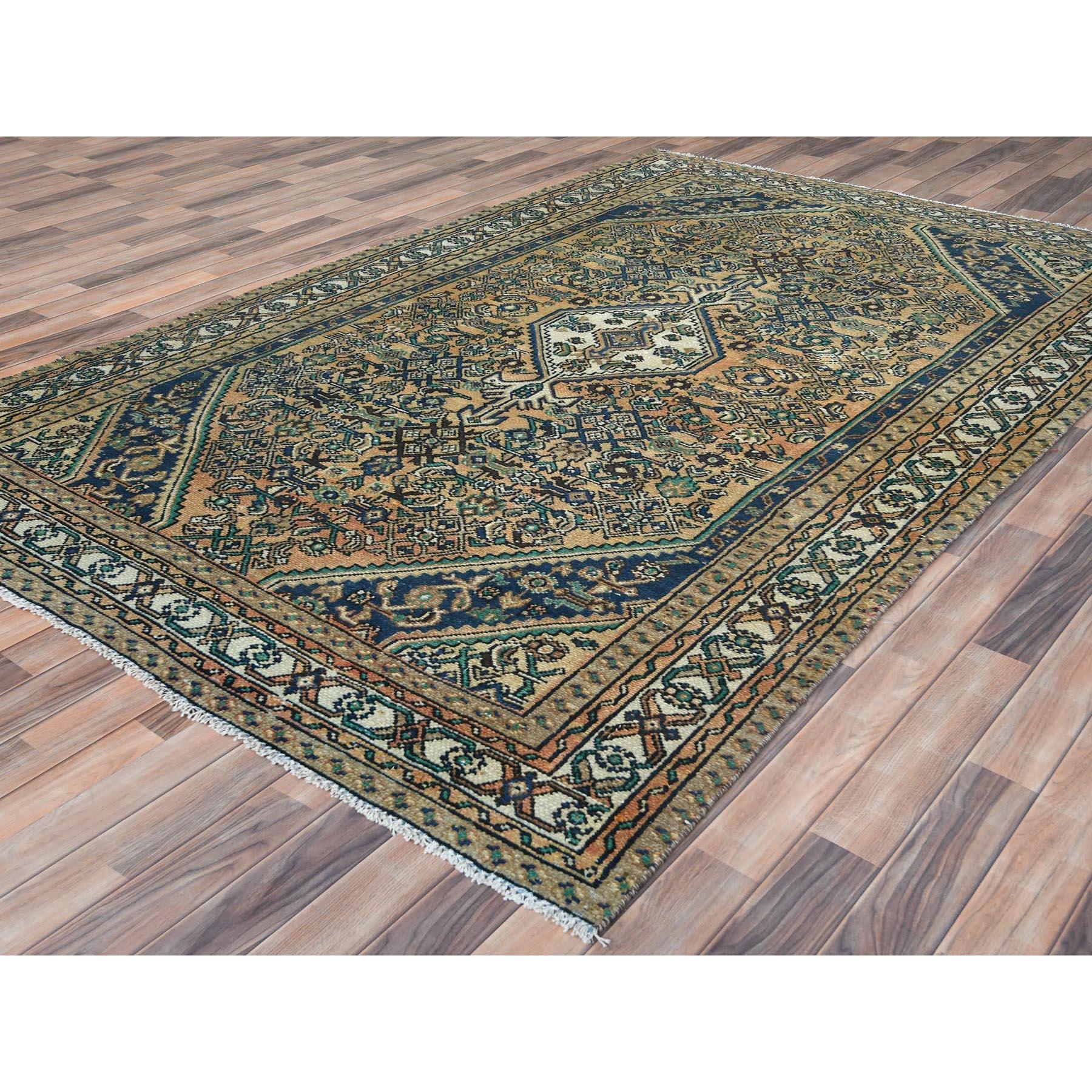 Medieval Sand Color, Distressed Look Worn Wool Hand Knotted, Vintage Persian Hamadan Rug For Sale