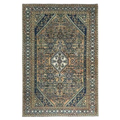 Sandfarbener, handgeknüpfter persischer Hamadan-Teppich aus Wolle im Used-Look, Vintage