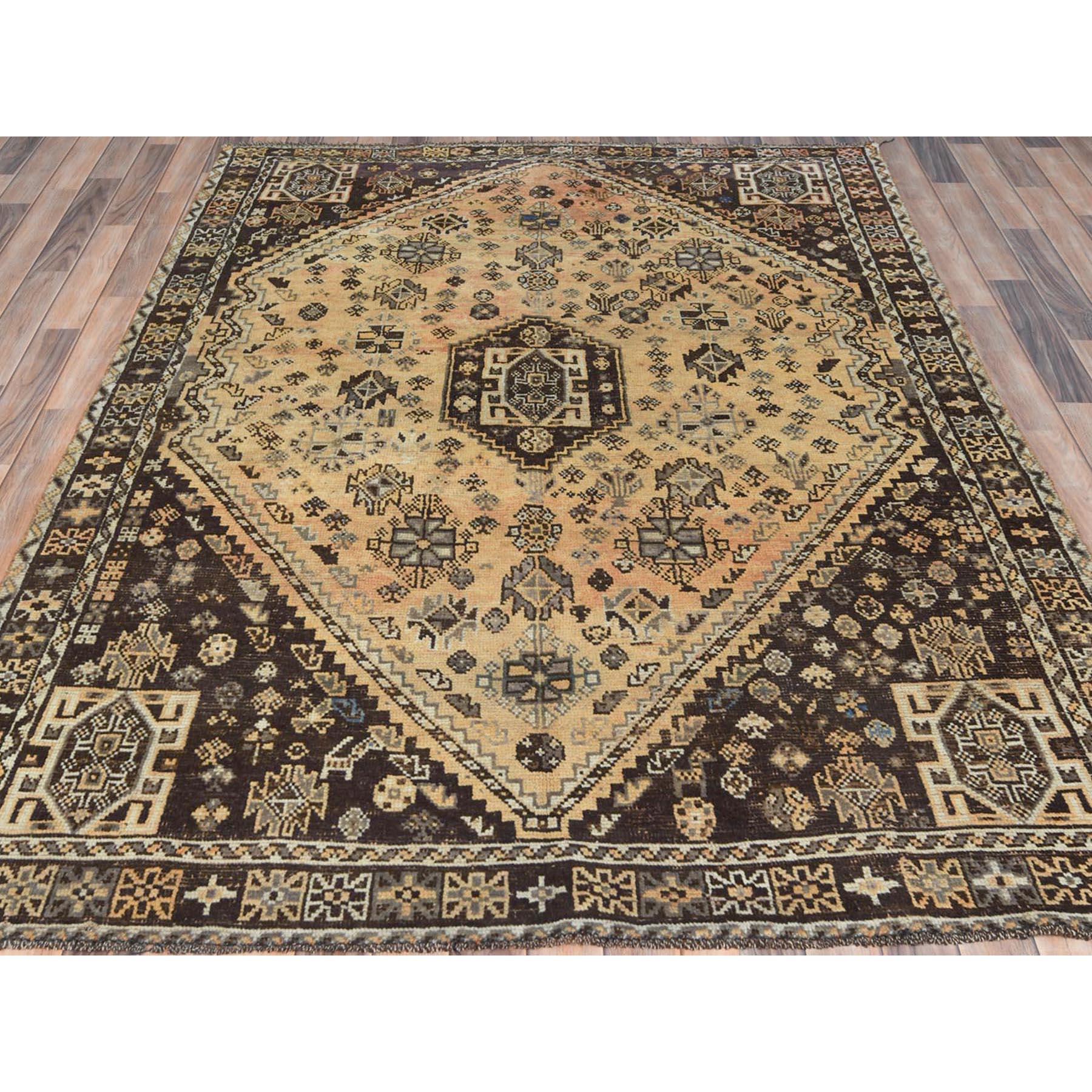 Medieval Sand Color, Distressed Look Worn Wool Hand Knotted, Vintage Persian Shiraz Rug For Sale