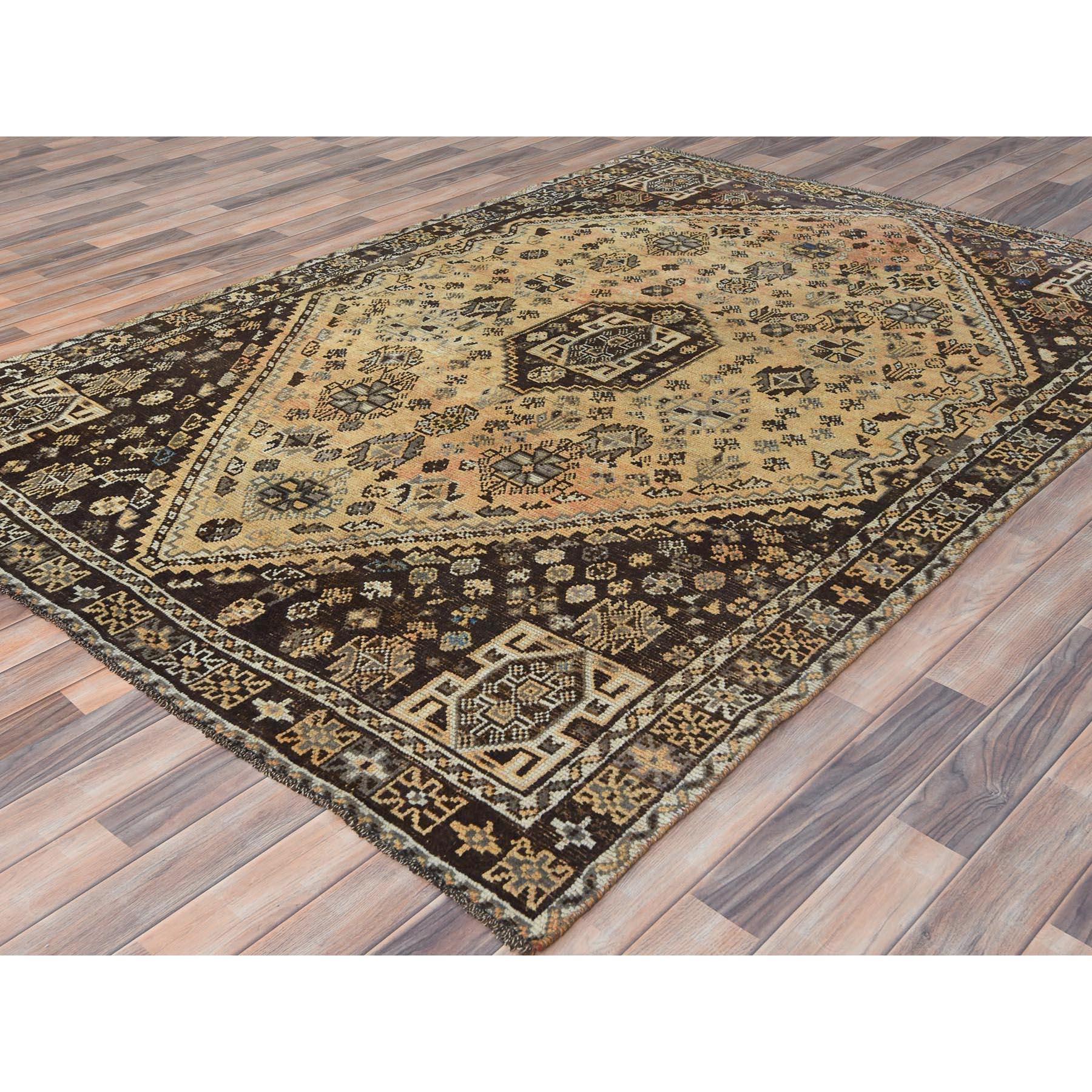 Hand-Knotted Sand Color, Distressed Look Worn Wool Hand Knotted, Vintage Persian Shiraz Rug For Sale