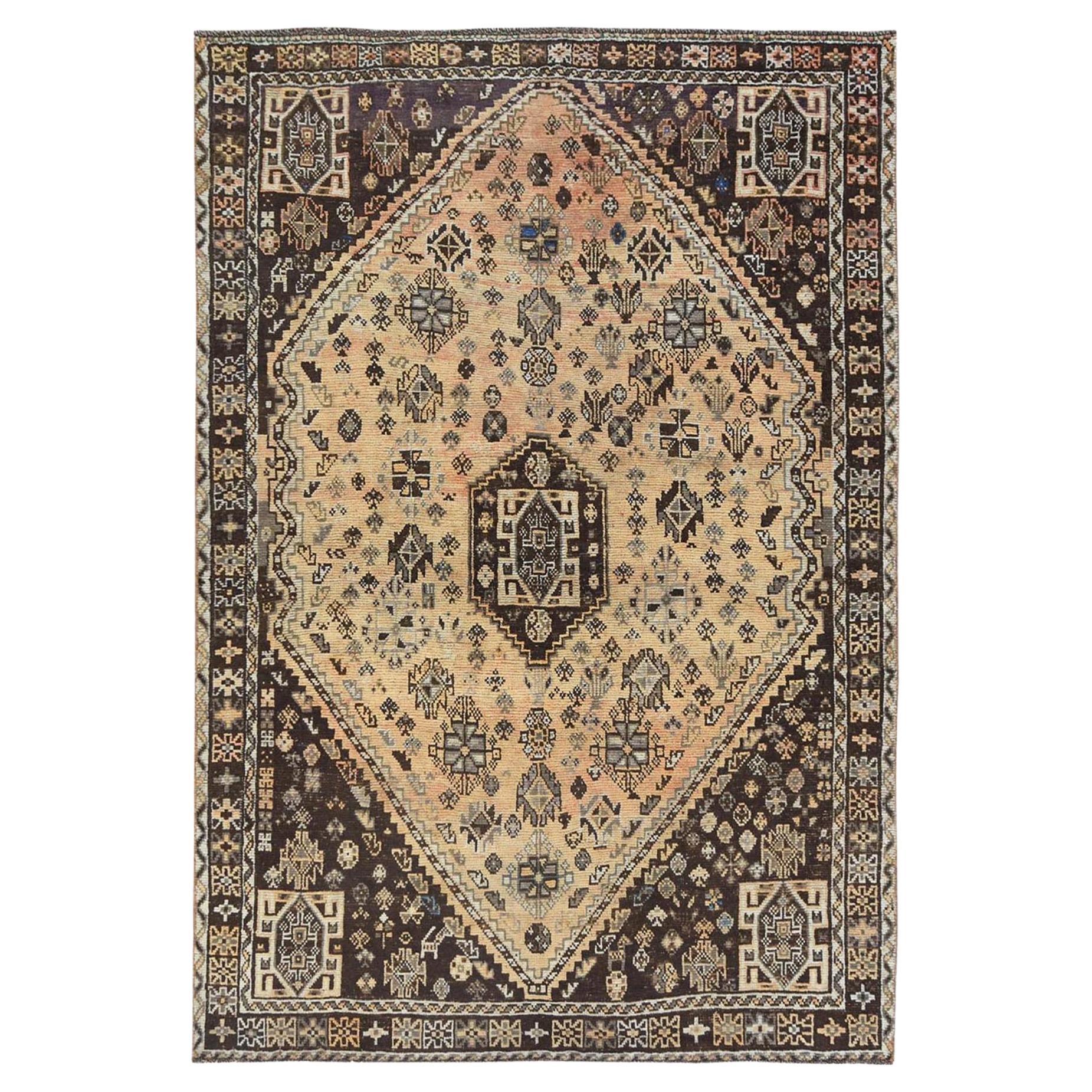 Sand Color, Distressed Look Worn Wool Hand Knotted, Vintage Persian Shiraz Rug For Sale