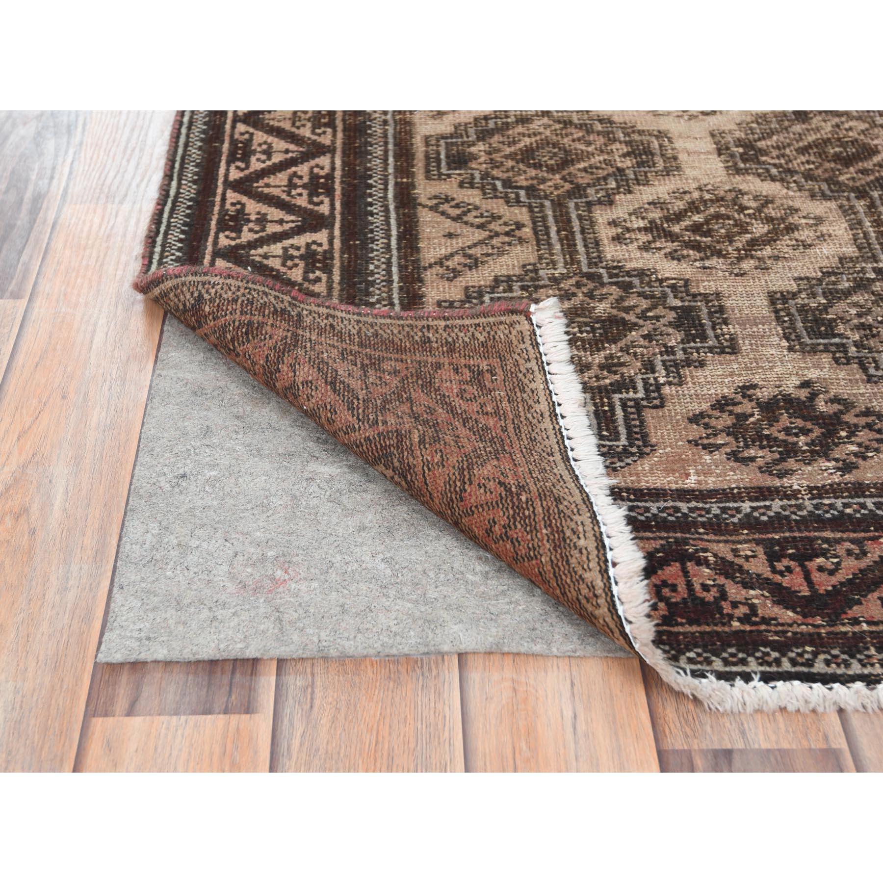 Medieval Sand Color Hand Knotted Vintage Persian Baluch Abrash Worn Down Wool Runner Rug