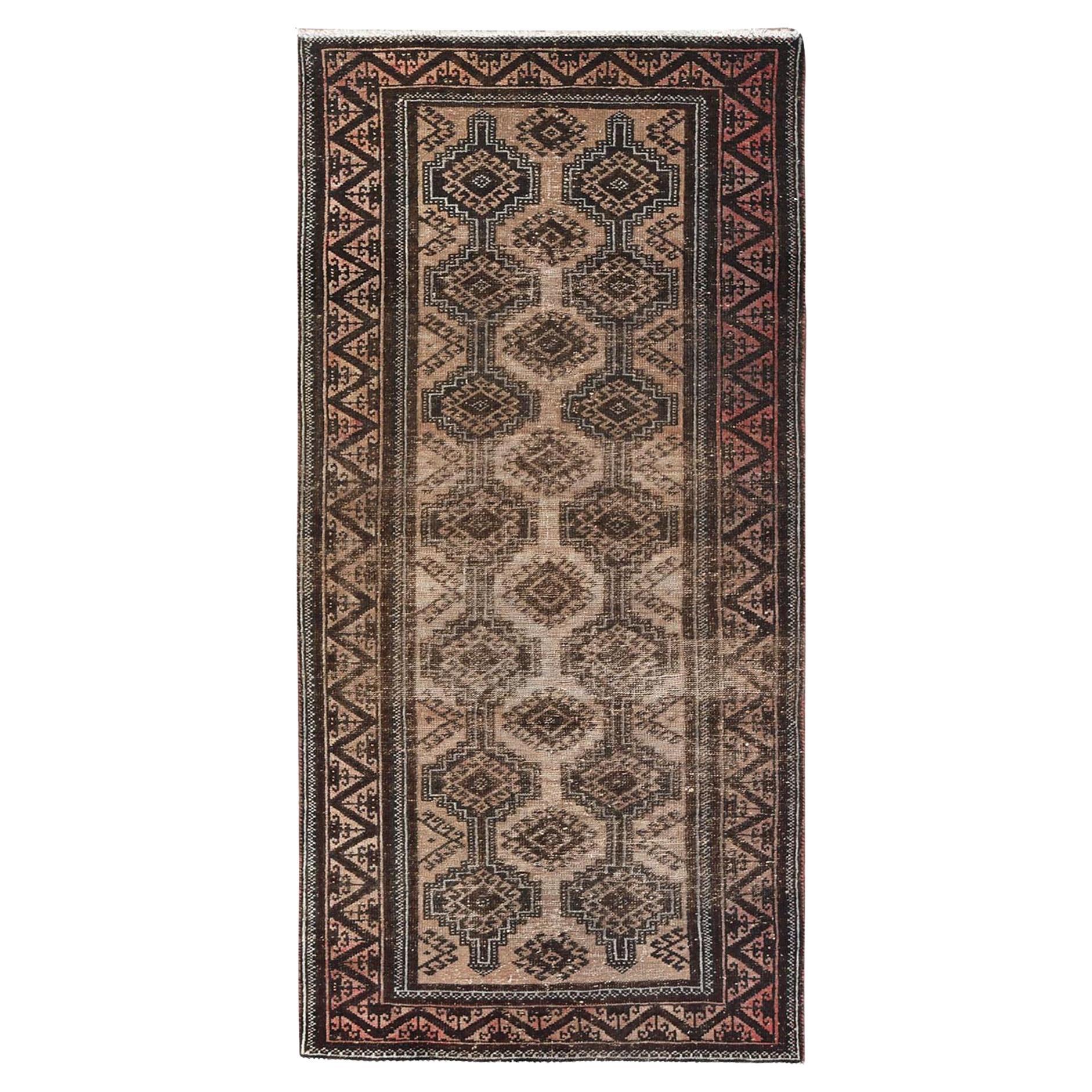 Sand Color Hand Knotted Vintage Persian Baluch Abrash Worn Down Wool Runner Rug
