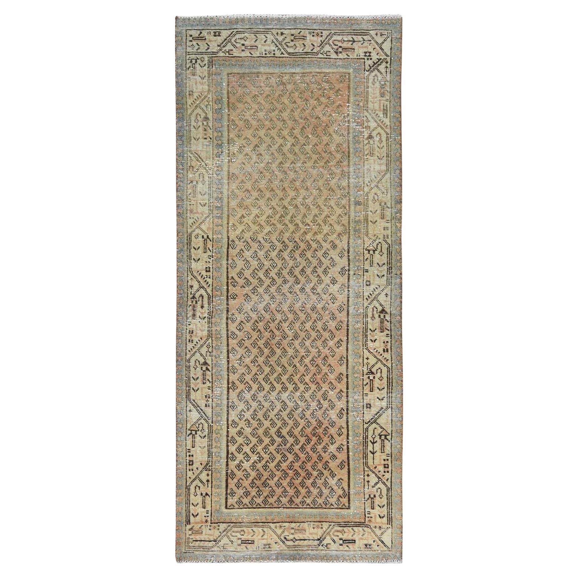 Sand Color Vintage Persian Sarouk Mir Clean Hand Knotted Pure Wool Worn