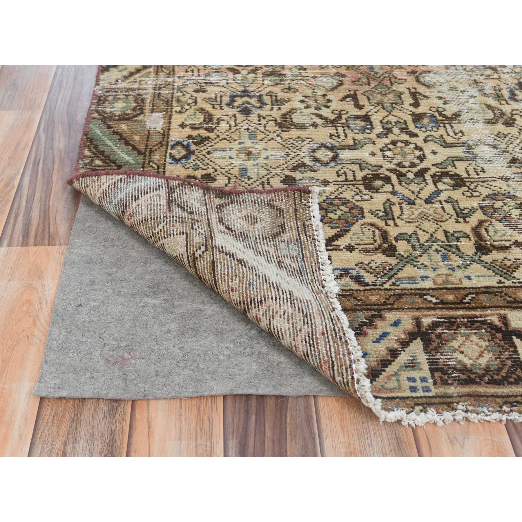 Medieval Sand Color Worn Down Vintage Persian Hamadan Hand Knotted Pure Wool Runner Rug For Sale