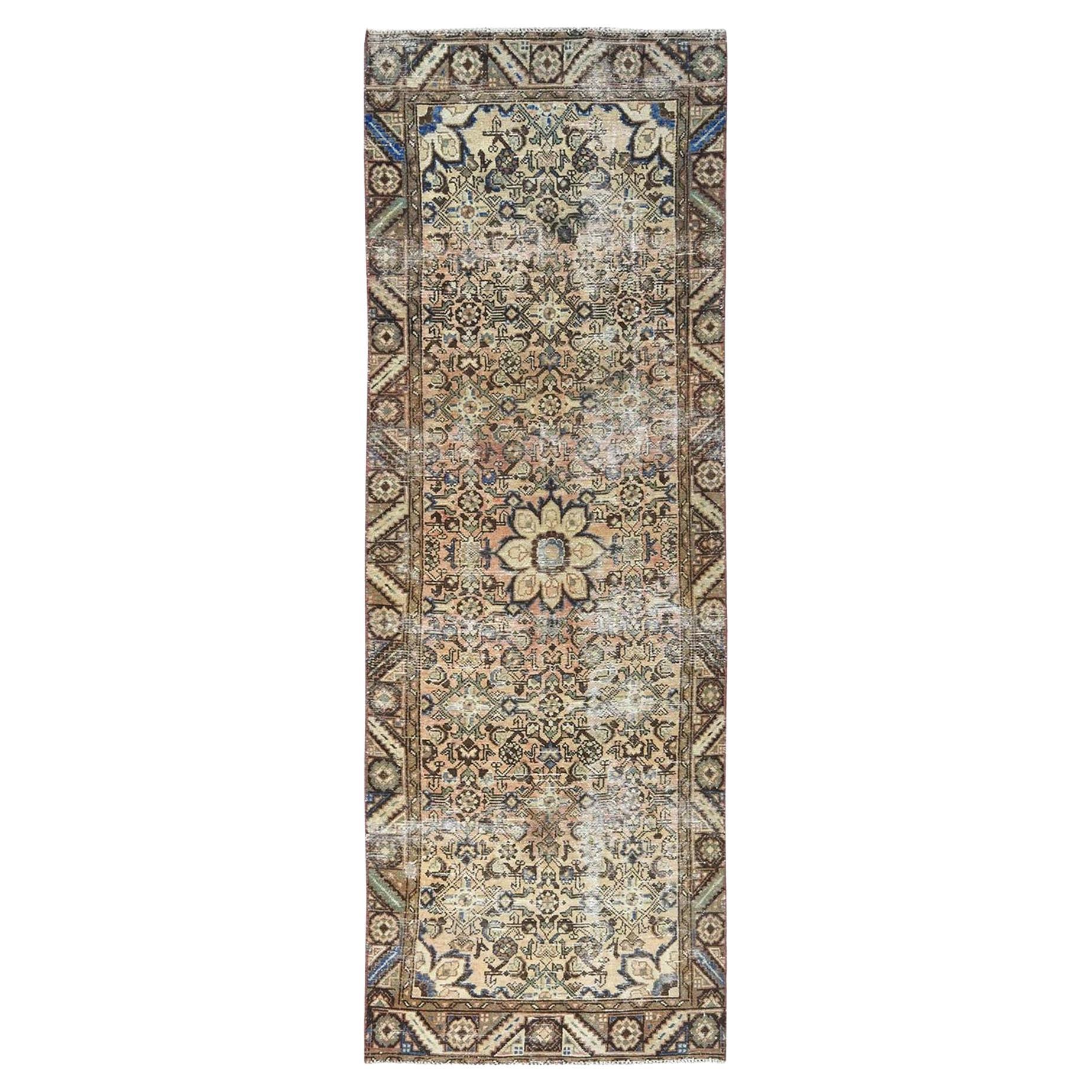 Sand Color Worn Down Vintage Persian Hamadan Hand Knotted Pure Wool Runner Rug For Sale
