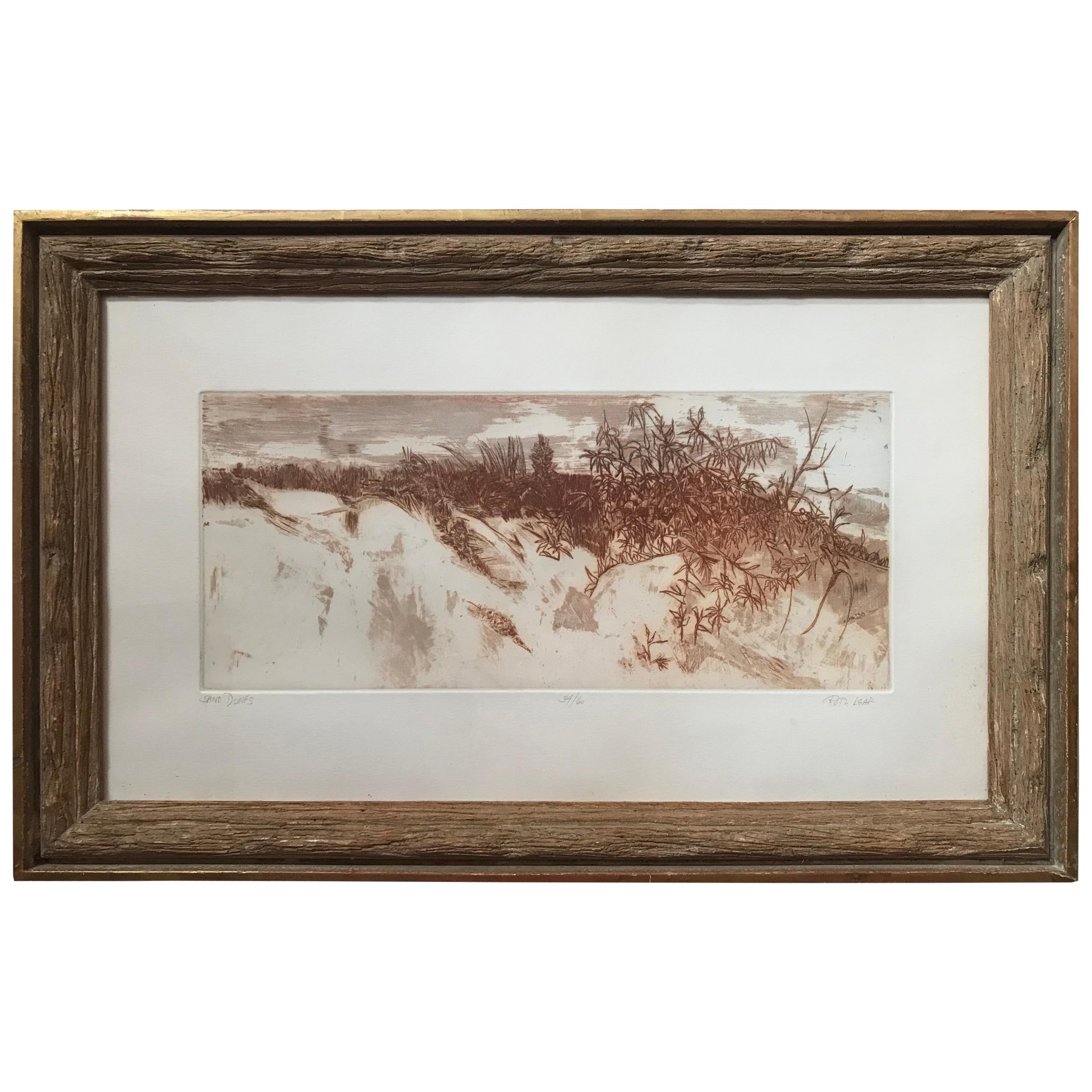 "Sand Dunes" Sepia Landscape Etching by Ruth Leaf For Sale