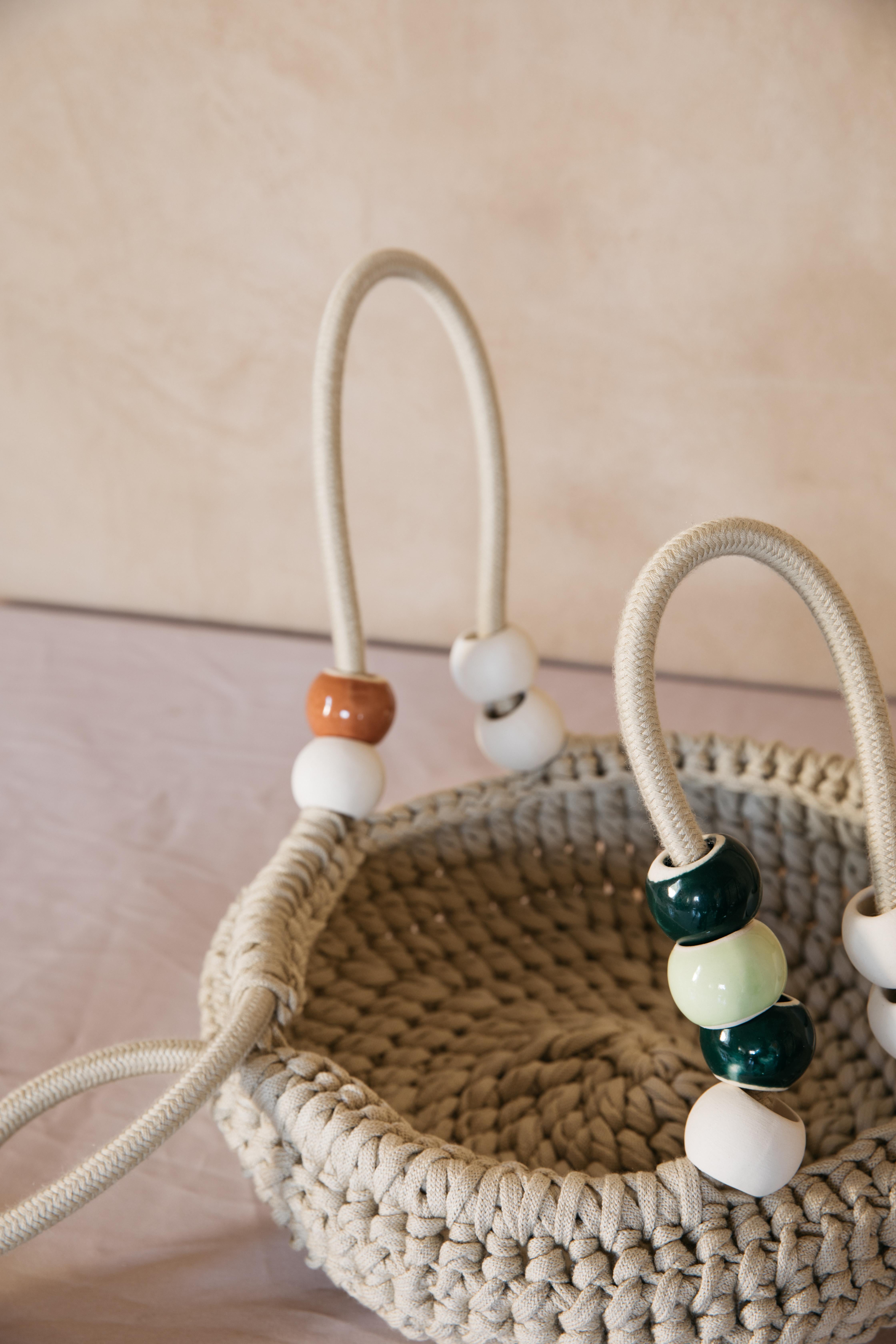 Israeli Sand Large Basket Handmade Crochet in Stoneware, Acrylic, Cotton Limited Edition