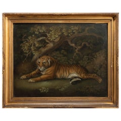 Antique Sand Picture of a Recumbent Tiger Attributed to Benjamin Zobel