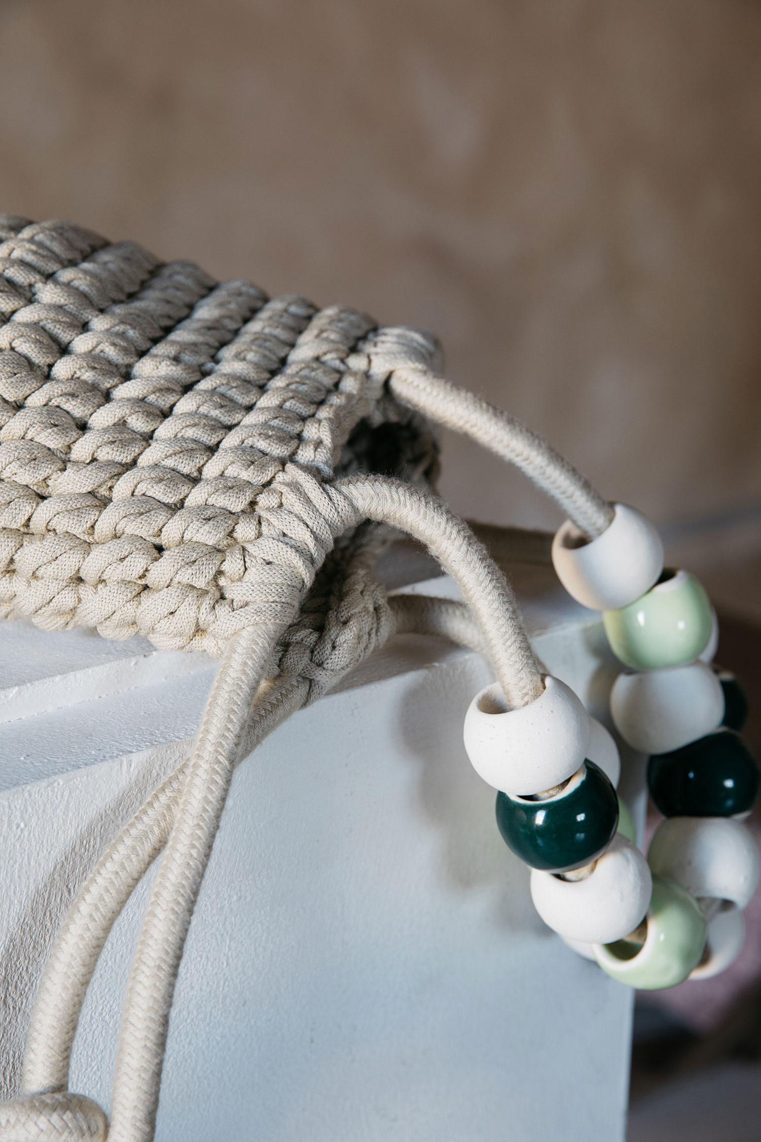 Modern Sand Small Basket Handmade Crochet in Stoneware, Acrylic, Cotton Limited Edition