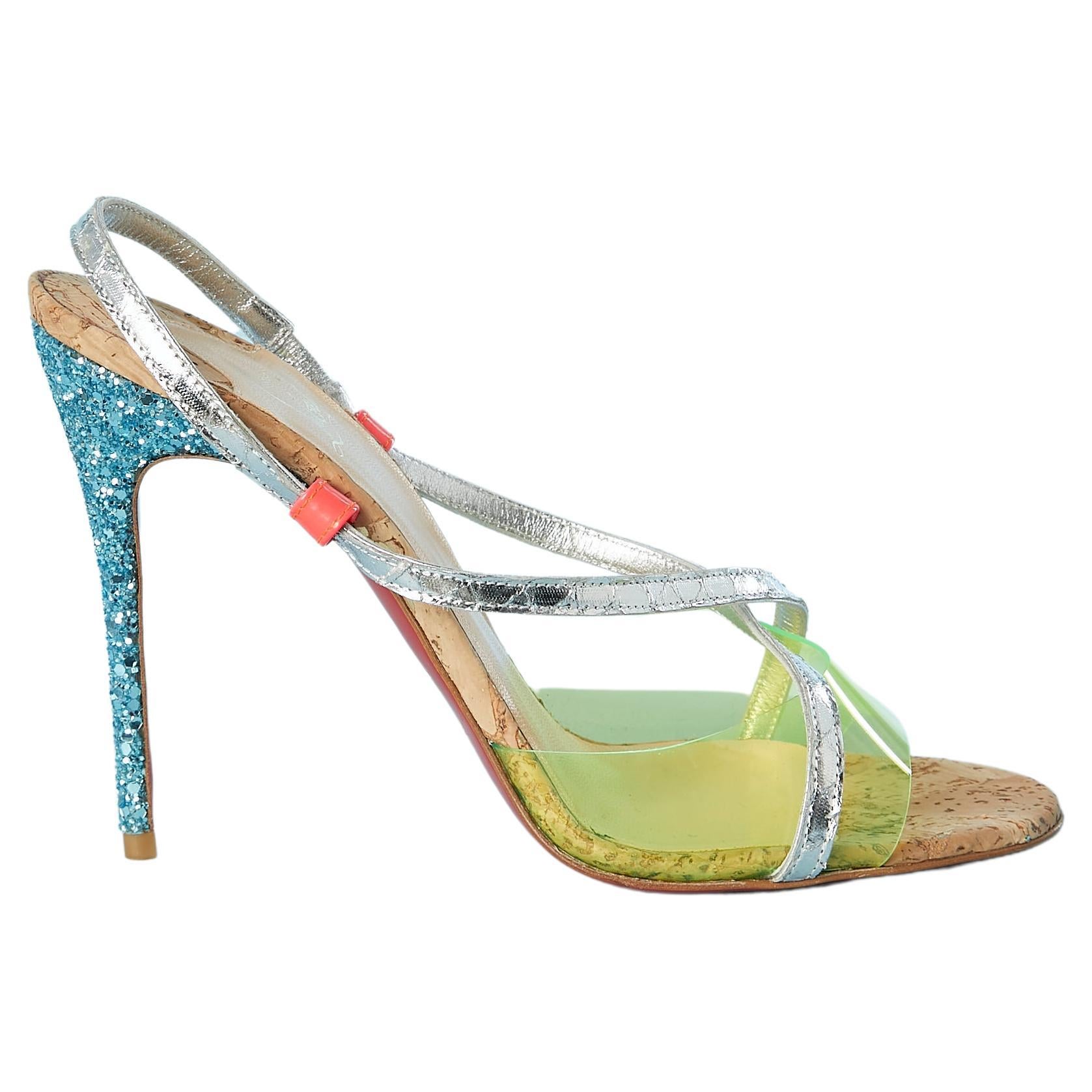 Sandal in silver leather, yellow PVC, glitters and cork Christian Louboutin  For Sale