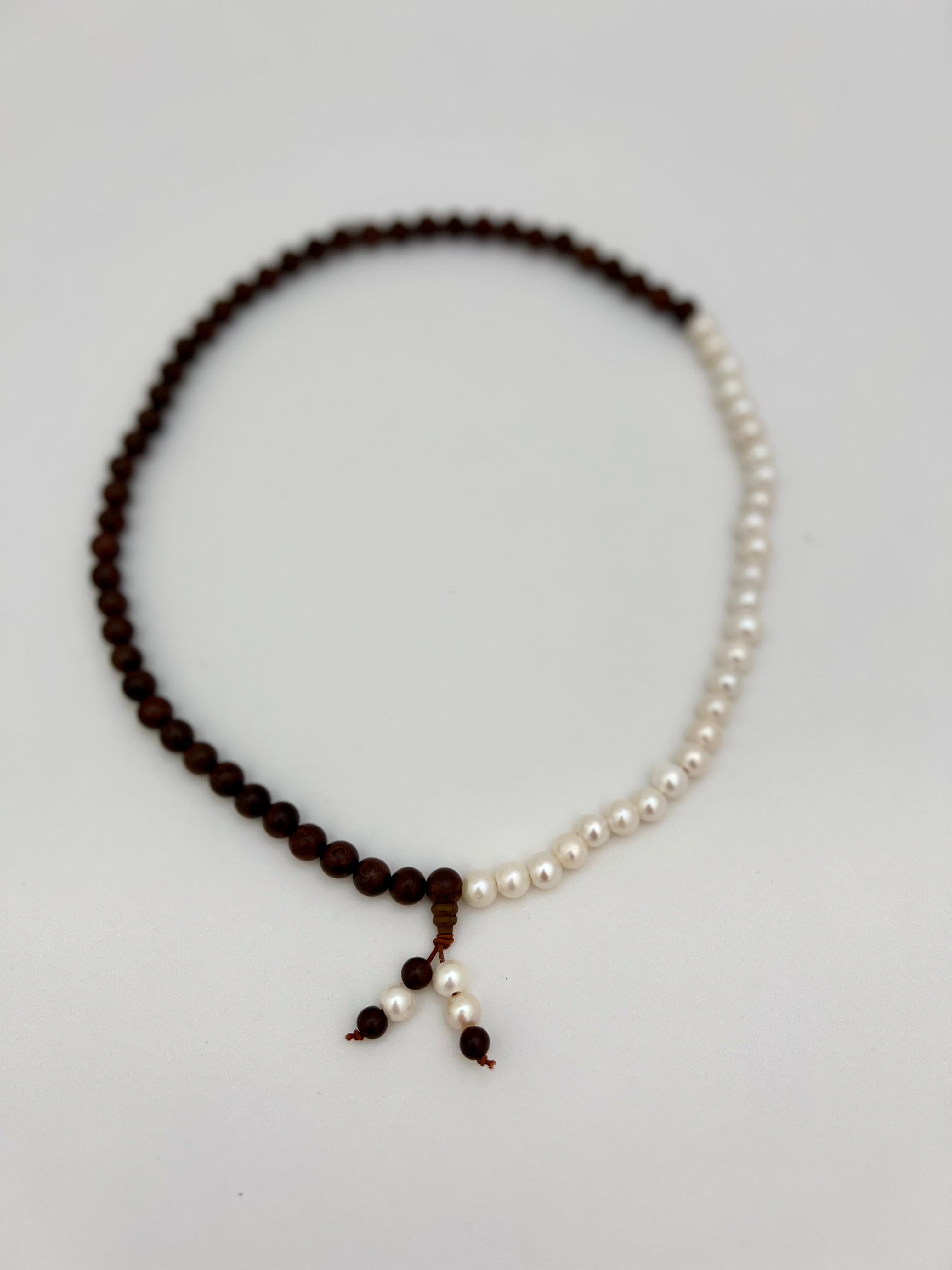 Round Cut Sandalwood & Freshwater Pearl Buddhist-Inspired Necklace/Bracelet For Sale