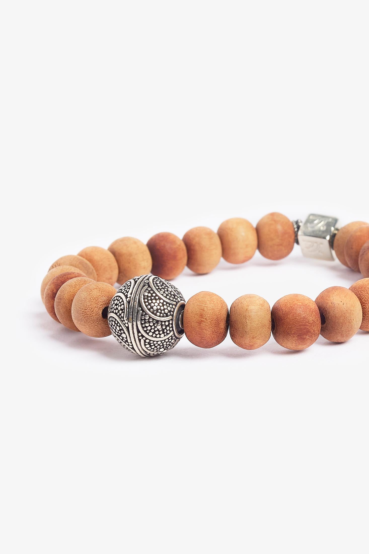 Properties
Happy buddha was made during the designer's travels to Bali.  The sandalwood was bought in a small market outside of Ubud, Bali.  The bracelet is representative of Bali with the use of wood and bamboo throughout their architecture.  Be