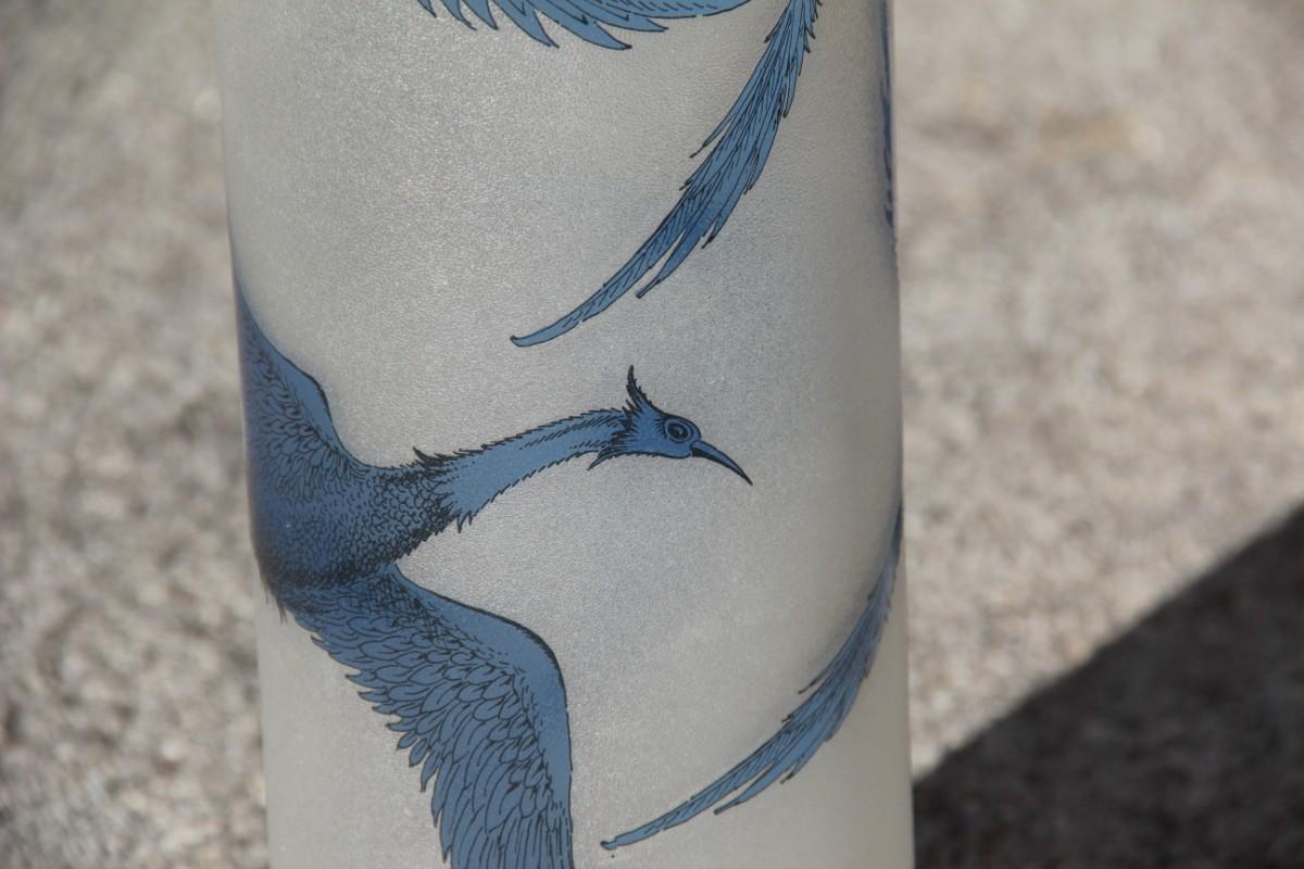 Sandblasted Glass Vase with Engraved Swans in Blue Color French Design 1970 Cris For Sale 4