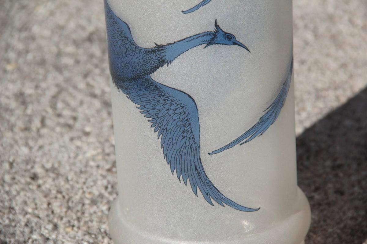 Sandblasted Glass Vase with Engraved Swans in Blue Color French Design 1970 Cris For Sale 5