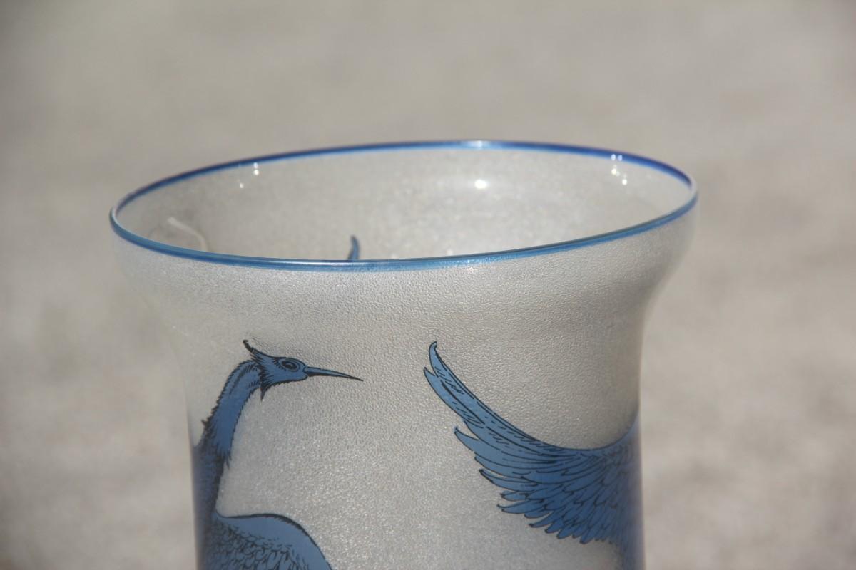 Sandblasted Glass Vase with Engraved Swans in Blue Color French Design 1970 Cris For Sale 6