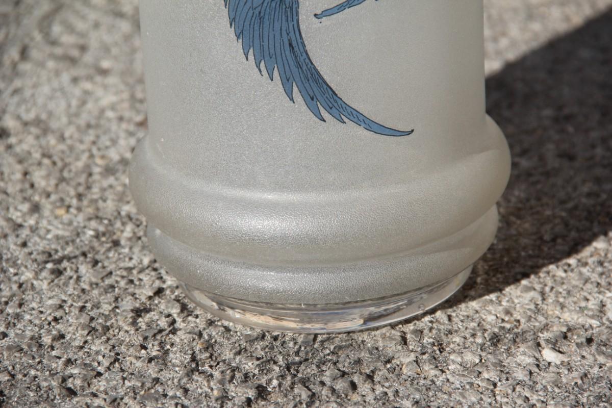Sandblasted Glass Vase with Engraved Swans in Blue Color French Design 1970 Cris For Sale 7