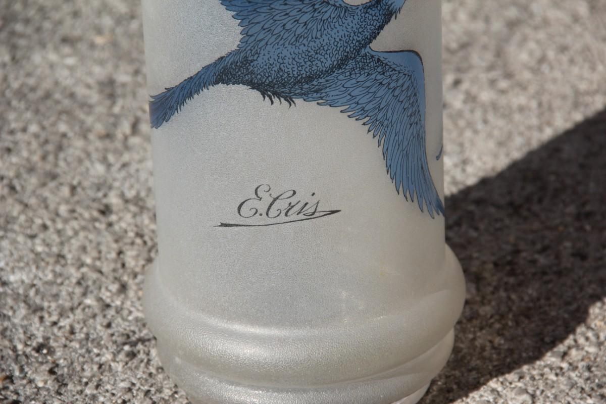 Mid-Century Modern Sandblasted Glass Vase with Engraved Swans in Blue Color French Design 1970 Cris For Sale