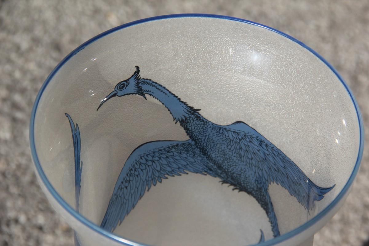Late 20th Century Sandblasted Glass Vase with Engraved Swans in Blue Color French Design 1970 Cris For Sale