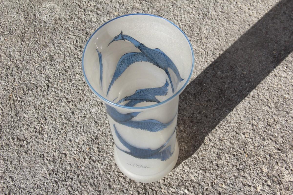 Art Glass Sandblasted Glass Vase with Engraved Swans in Blue Color French Design 1970 Cris For Sale